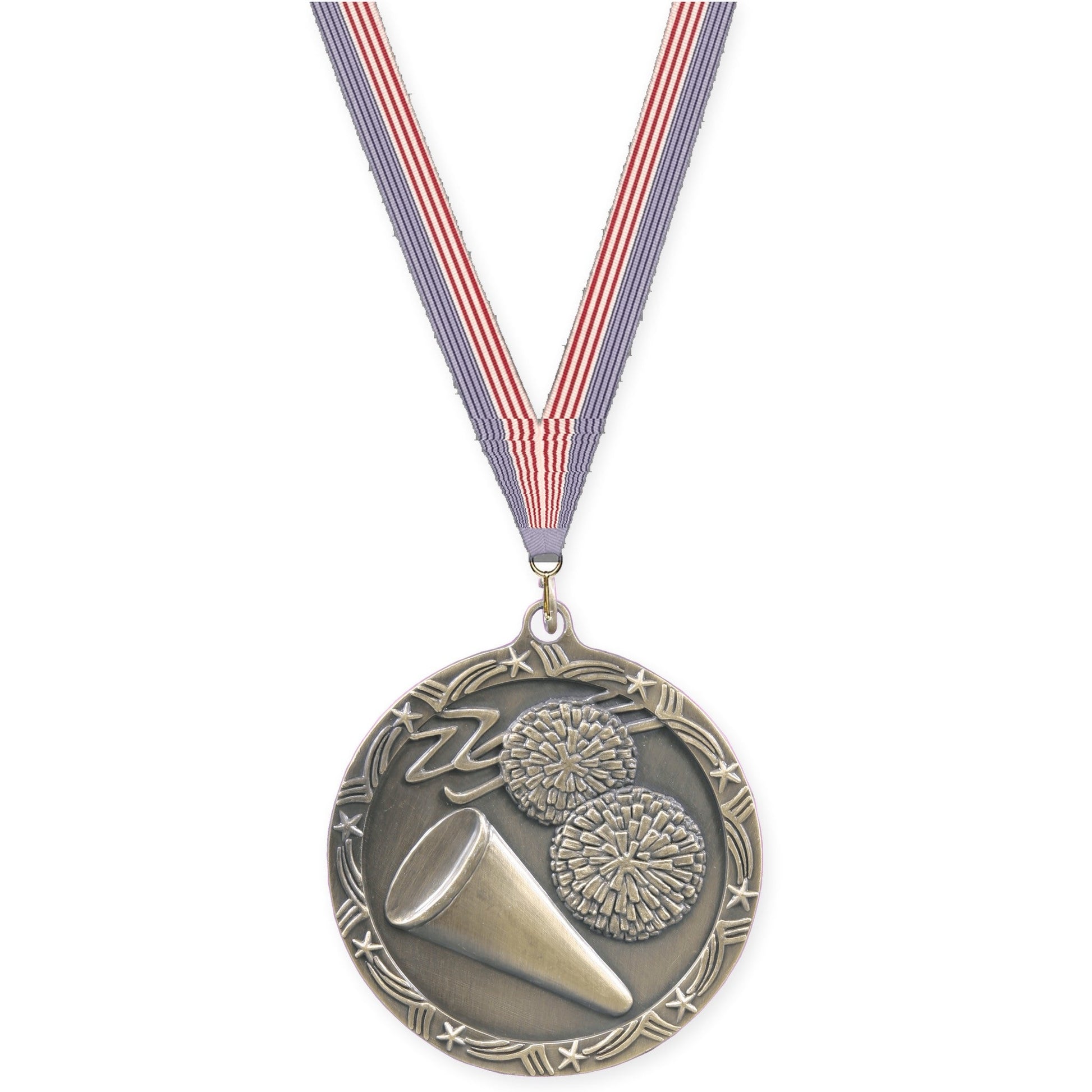 2 1/2 inch cheerleading Shooting Star medal in antique gold with USA Flag neck ribbon