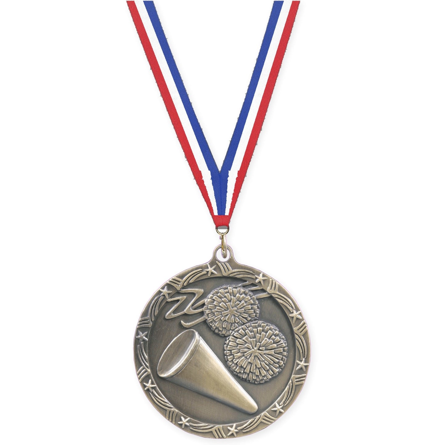 2 1/2 inch cheerleading Shooting Star medal in antique gold with Red White Blue neck ribbon