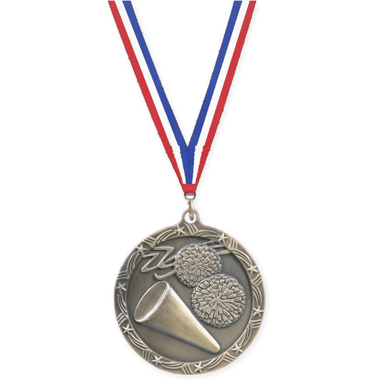 2 1/2 inch cheerleading Shooting Star medal in antique gold with Red White Blue neck ribbon