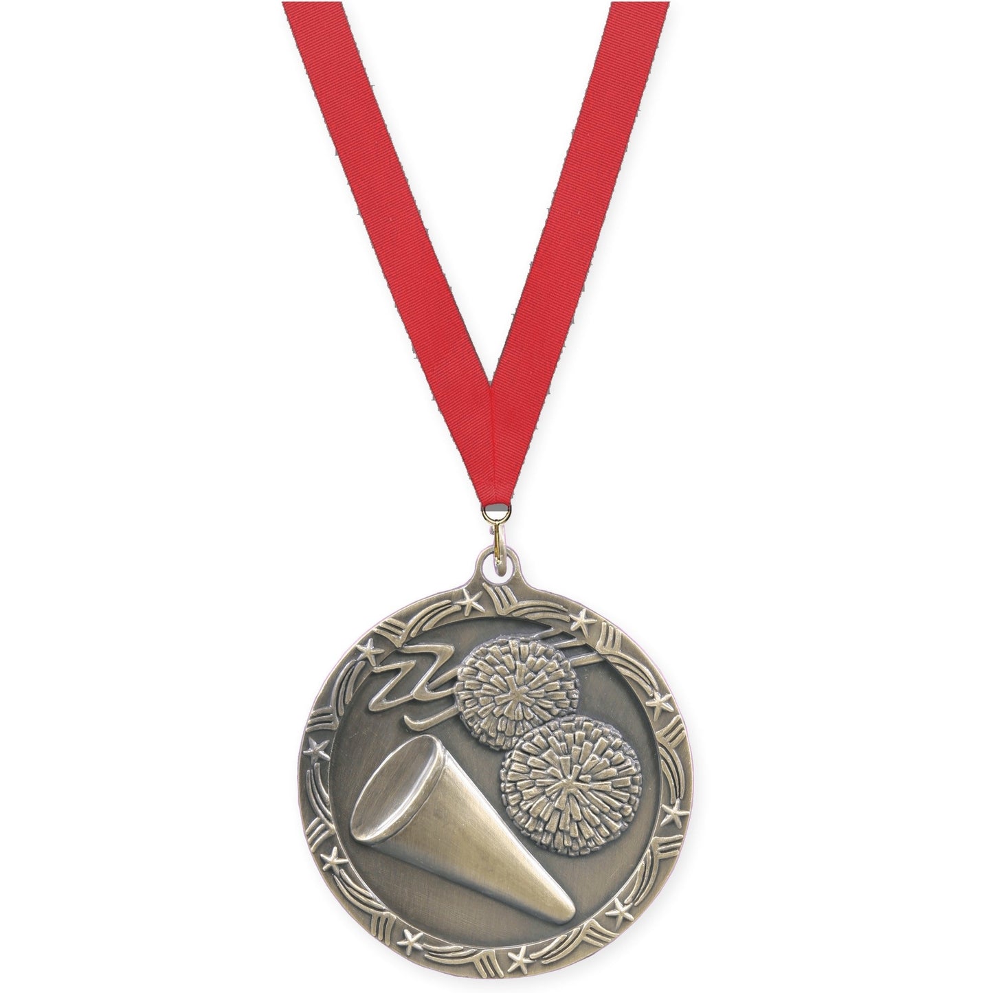 2 1/2 inch cheerleading Shooting Star medal in antique gold with Red neck ribbon