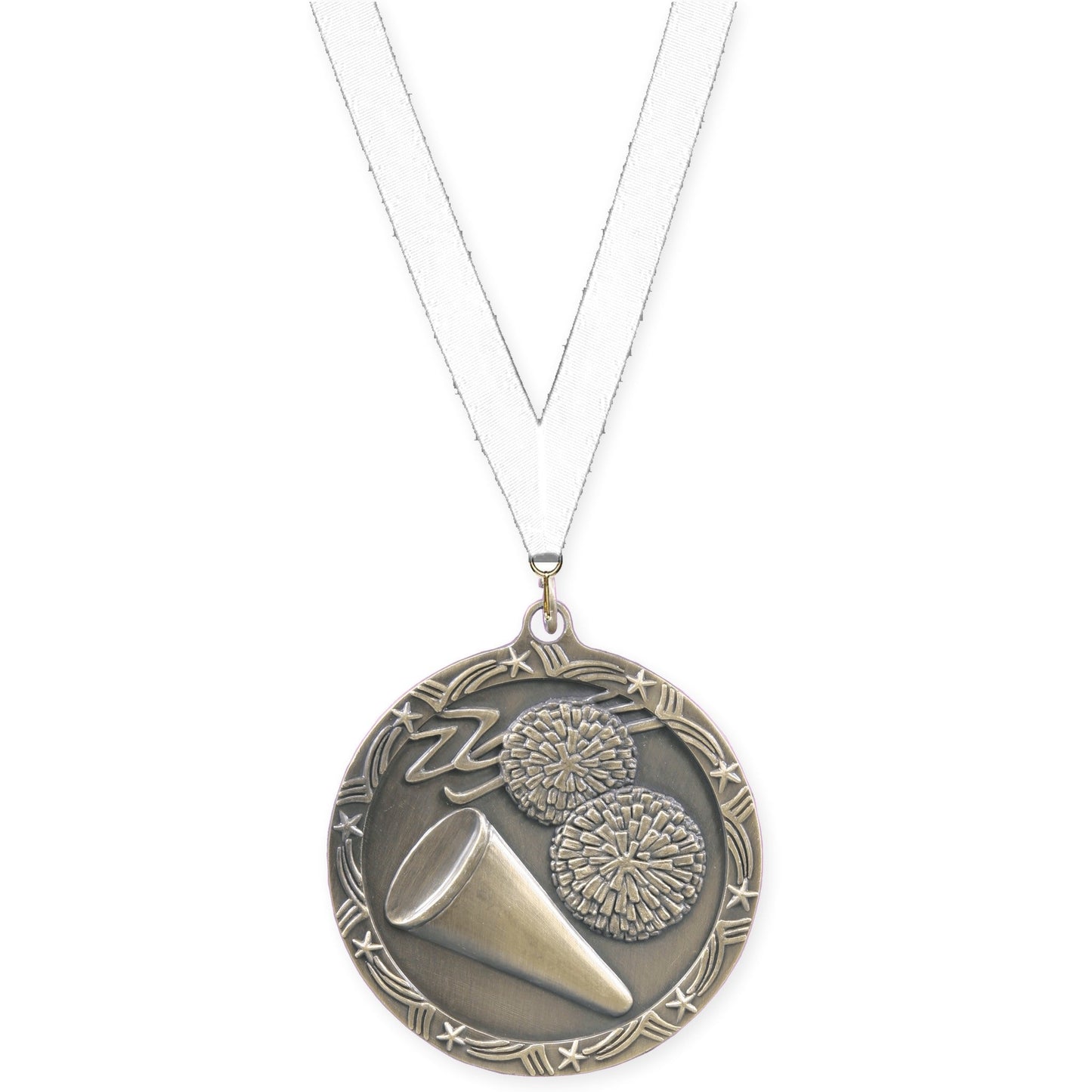 2 1/2 inch cheerleading Shooting Star medal in antique gold with White neck ribbon