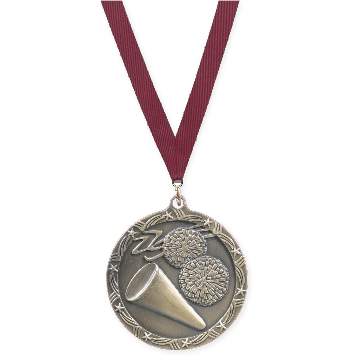 2 1/2 inch cheerleading Shooting Star medal in antique gold with Maroon neck ribbon