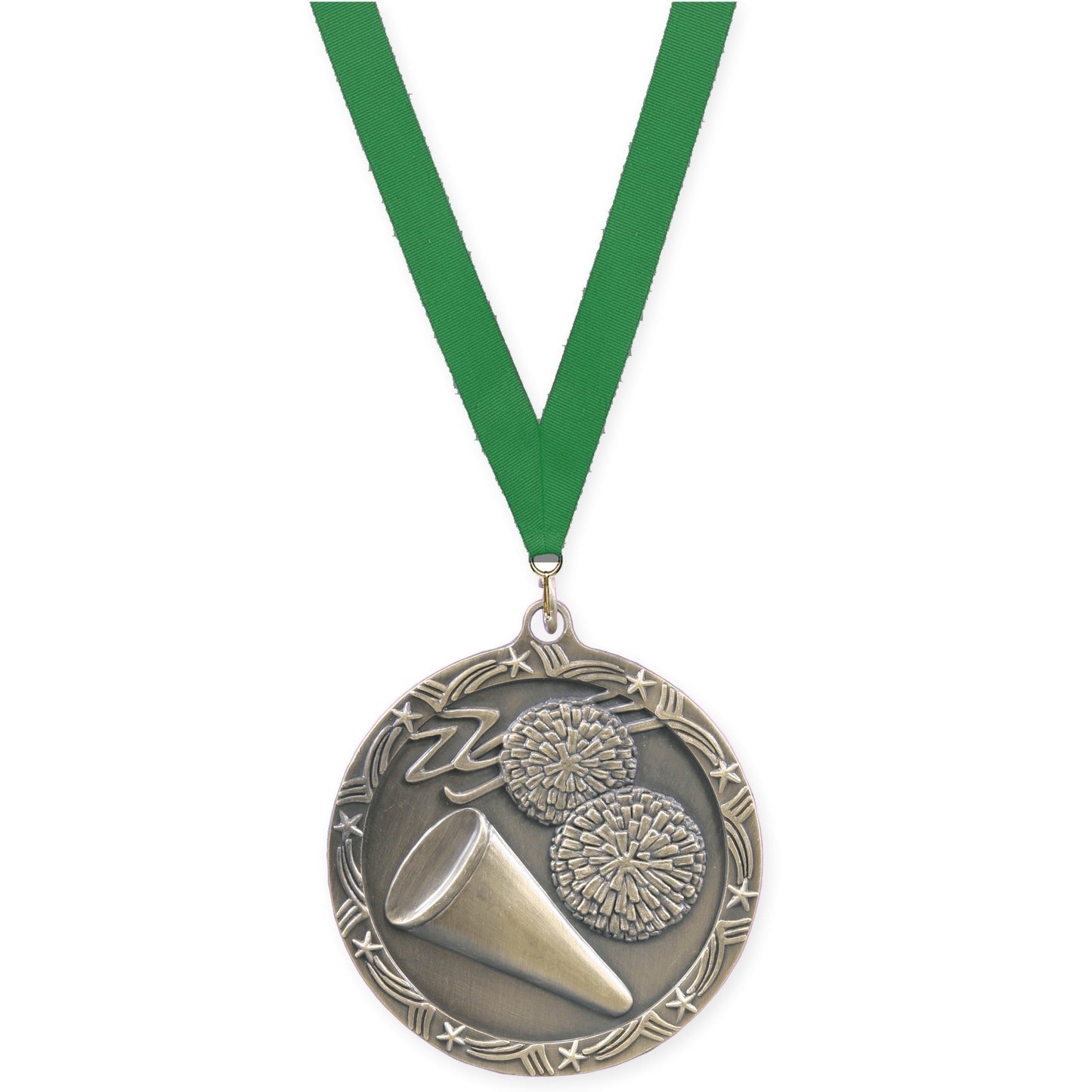 2 1/2 inch cheerleading Shooting Star medal in antique gold with Green neck ribbon