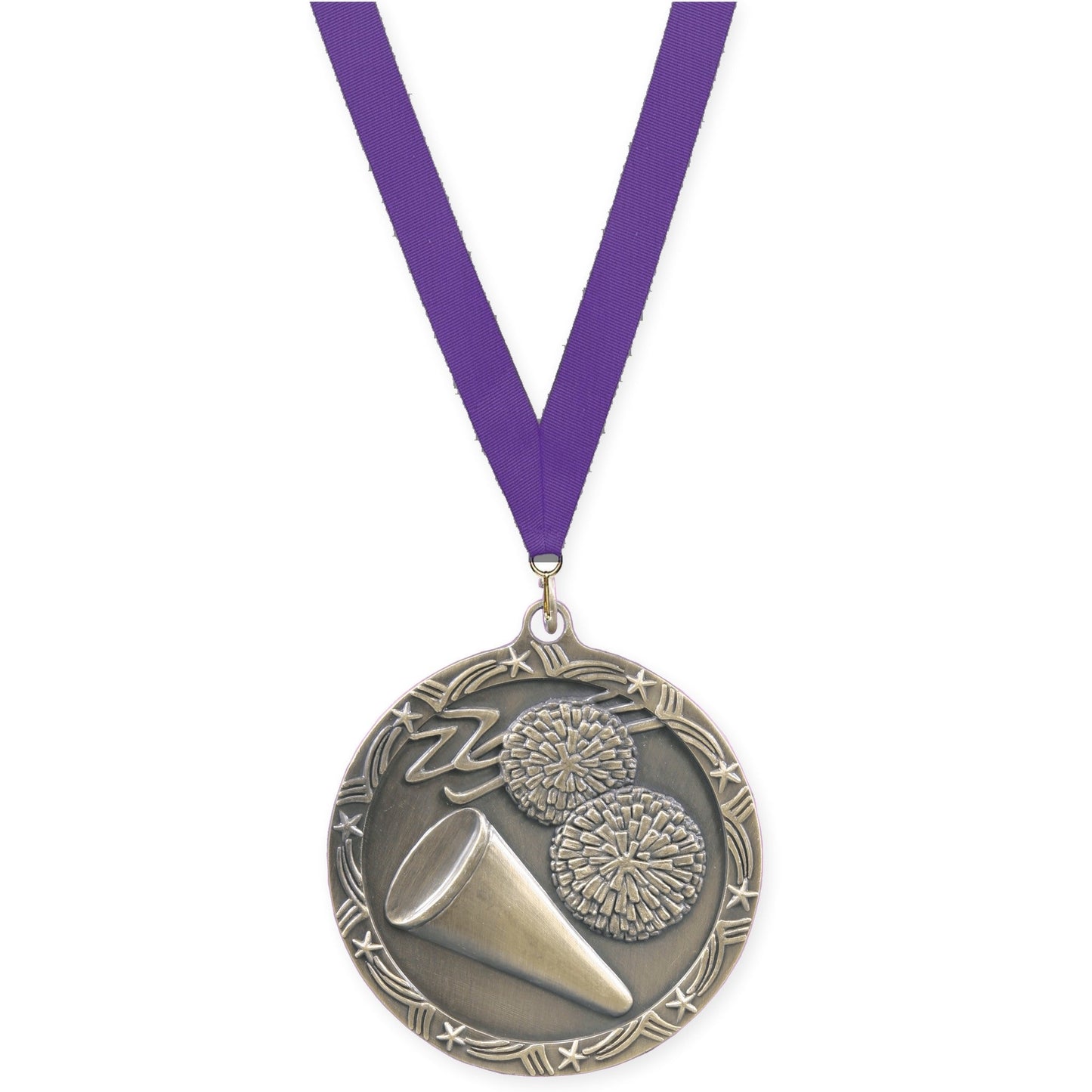2 1/2 inch cheerleading Shooting Star medal in antique gold with Purple neck ribbon