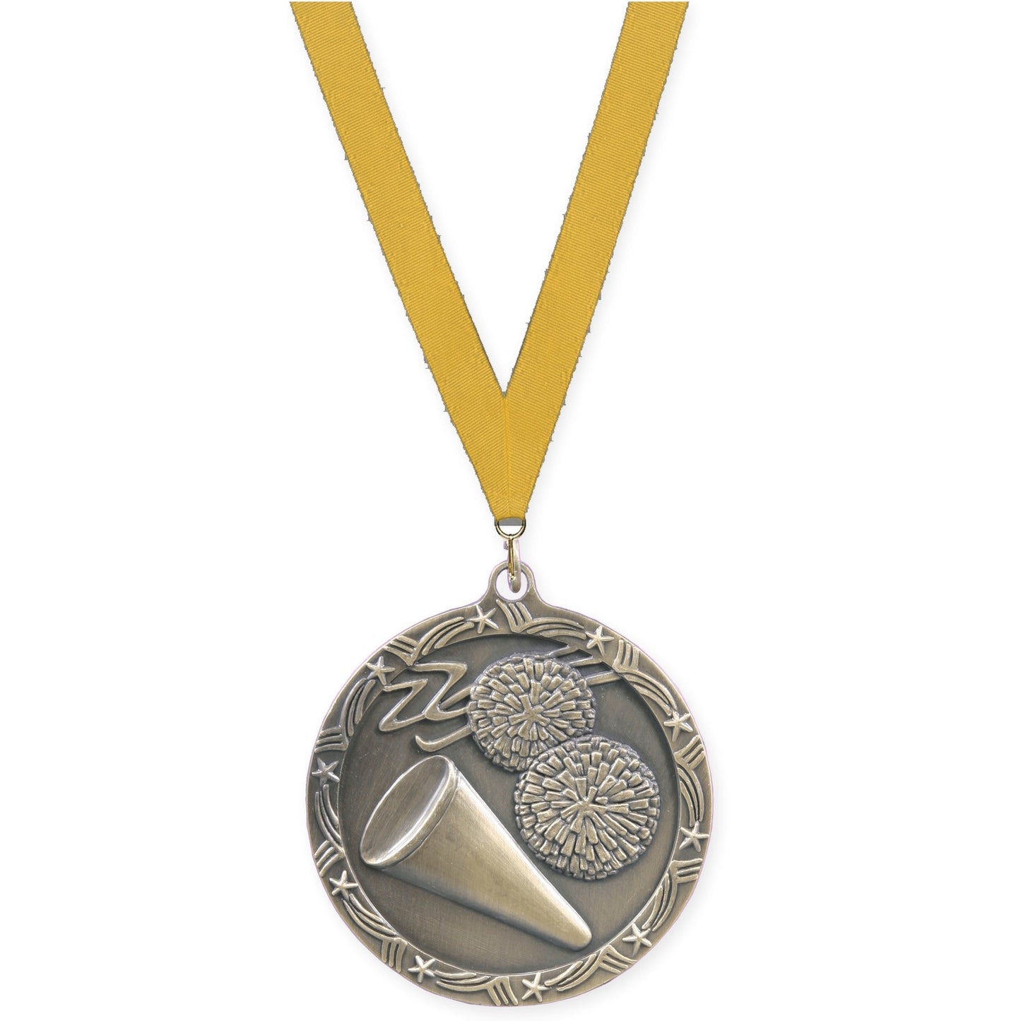 2 1/2 inch cheerleading Shooting Star medal in antique gold with Gold neck ribbon