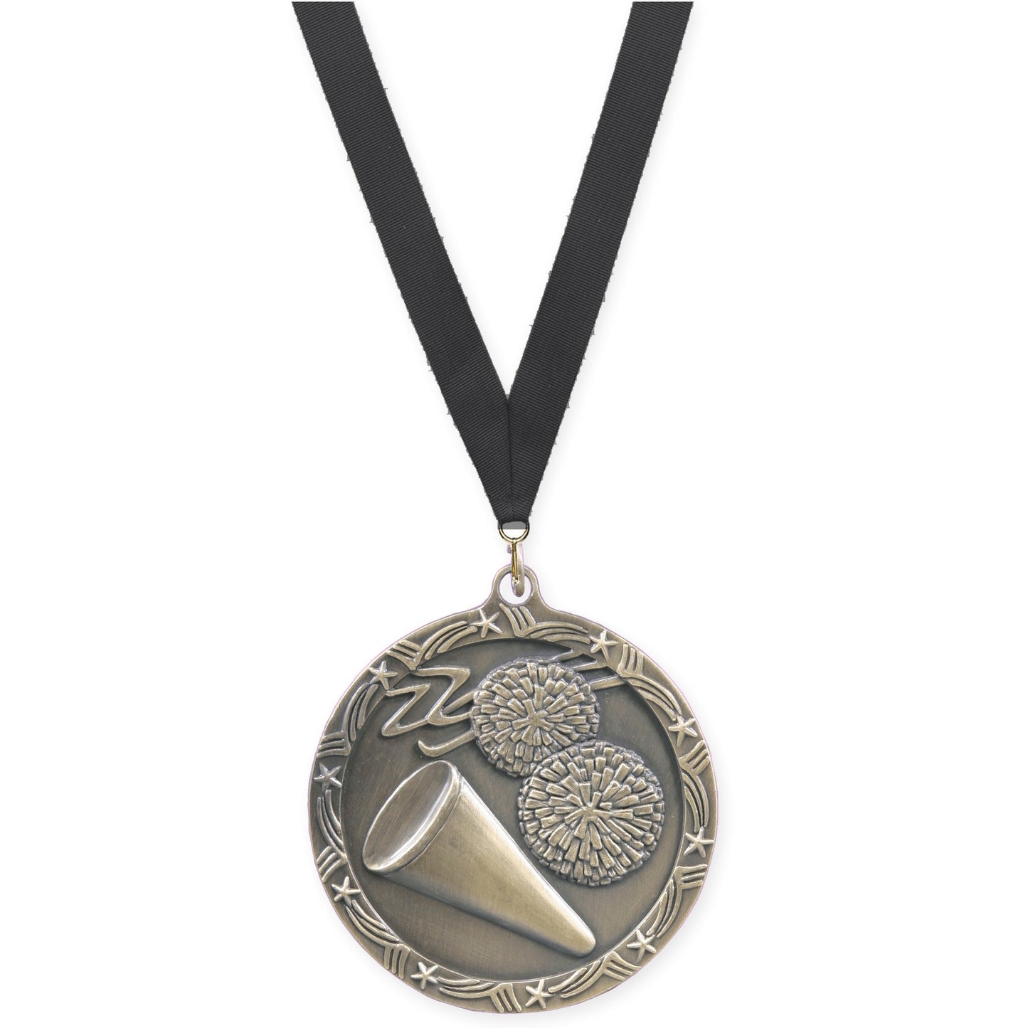 2 1/2 inch cheerleading Shooting Star medal in antique gold with Black neck ribbon