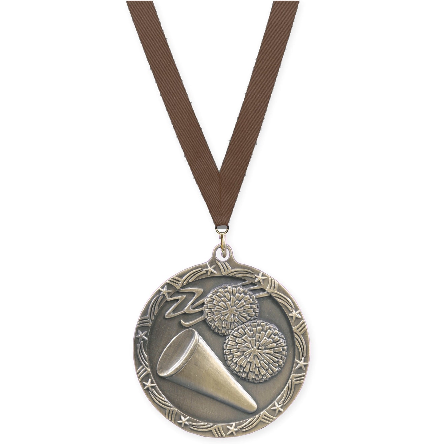2 1/2 inch cheerleading Shooting Star medal in antique gold with Brown neck ribbon