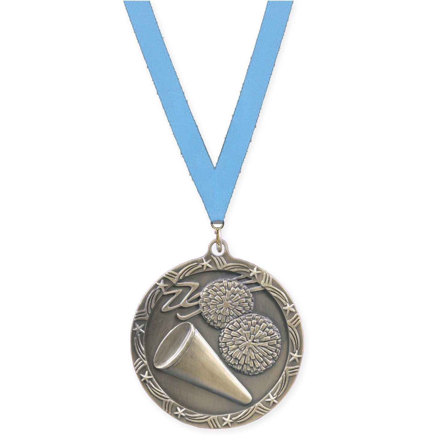 2 1/2 inch cheerleading Shooting Star medal in antique gold with Light Blue neck ribbon