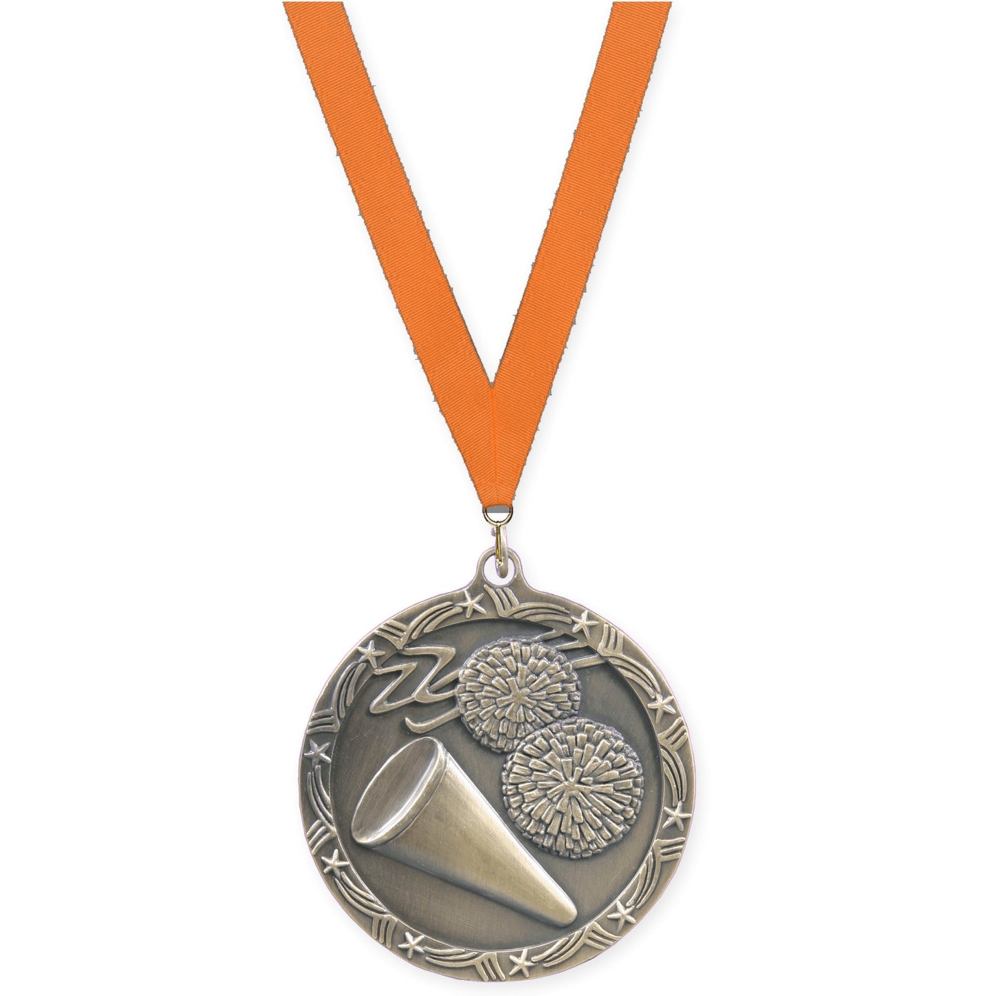 2 1/2 inch cheerleading Shooting Star medal in antique gold with Orange neck ribbon
