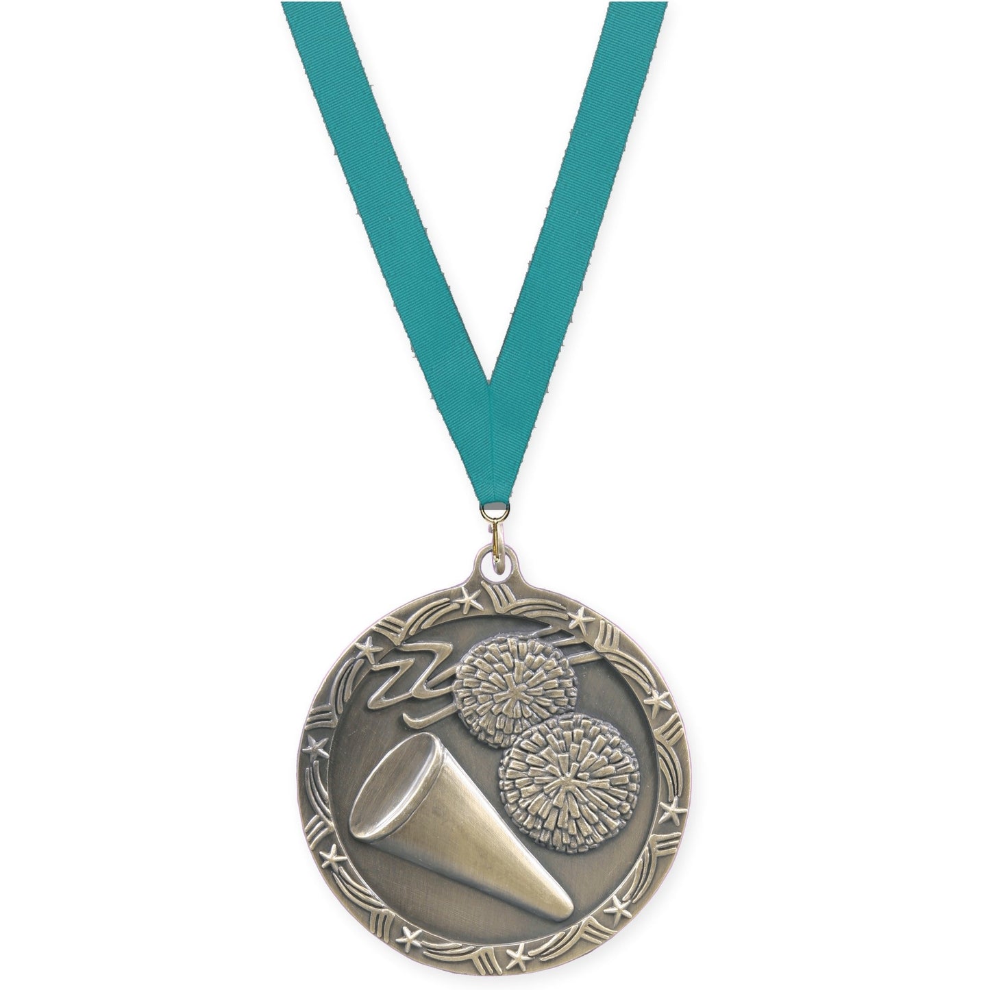 2 1/2 inch cheerleading Shooting Star medal in antique gold with Teal neck ribbon