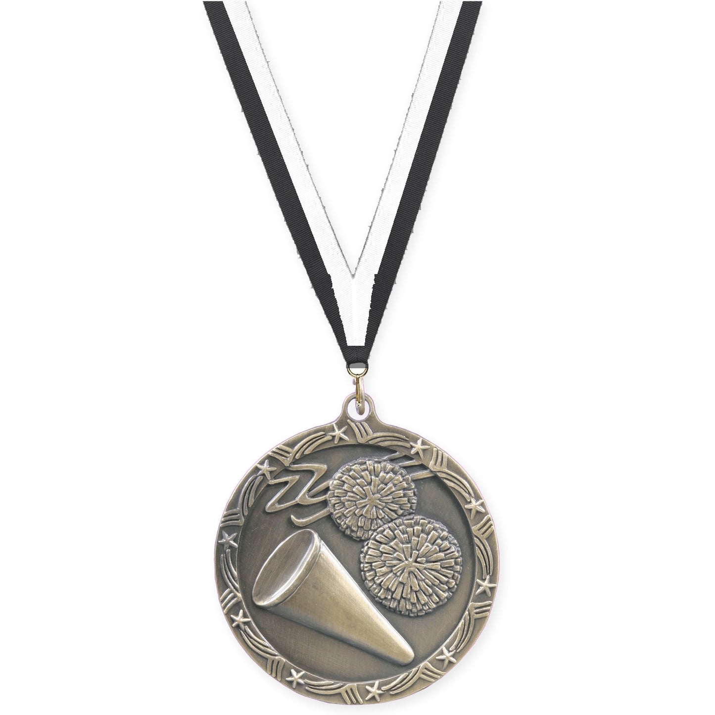 2 1/2 inch cheerleading Shooting Star medal in antique gold with Black White neck ribbon