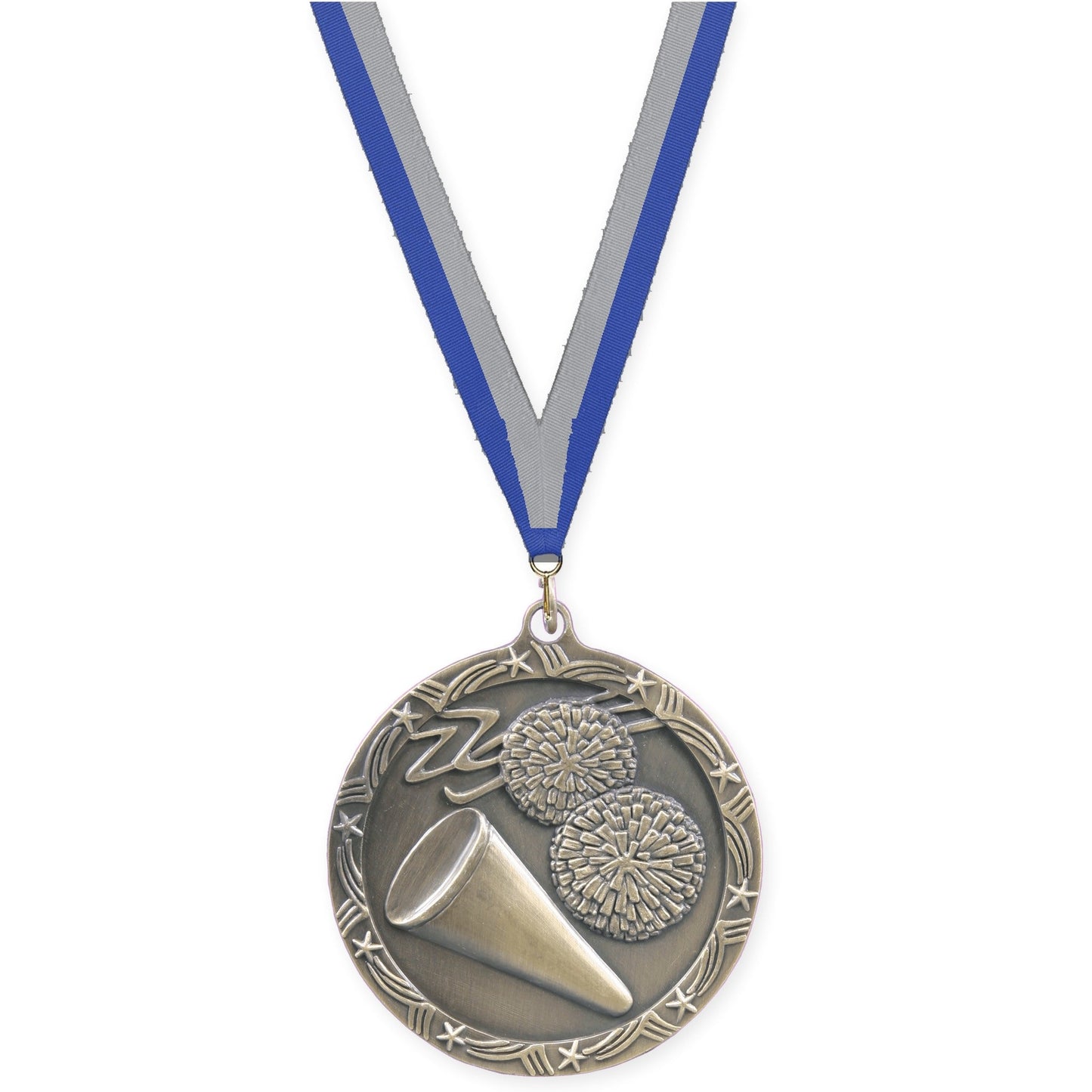 2 1/2 inch cheerleading Shooting Star medal in antique gold with Blue Gray neck ribbon
