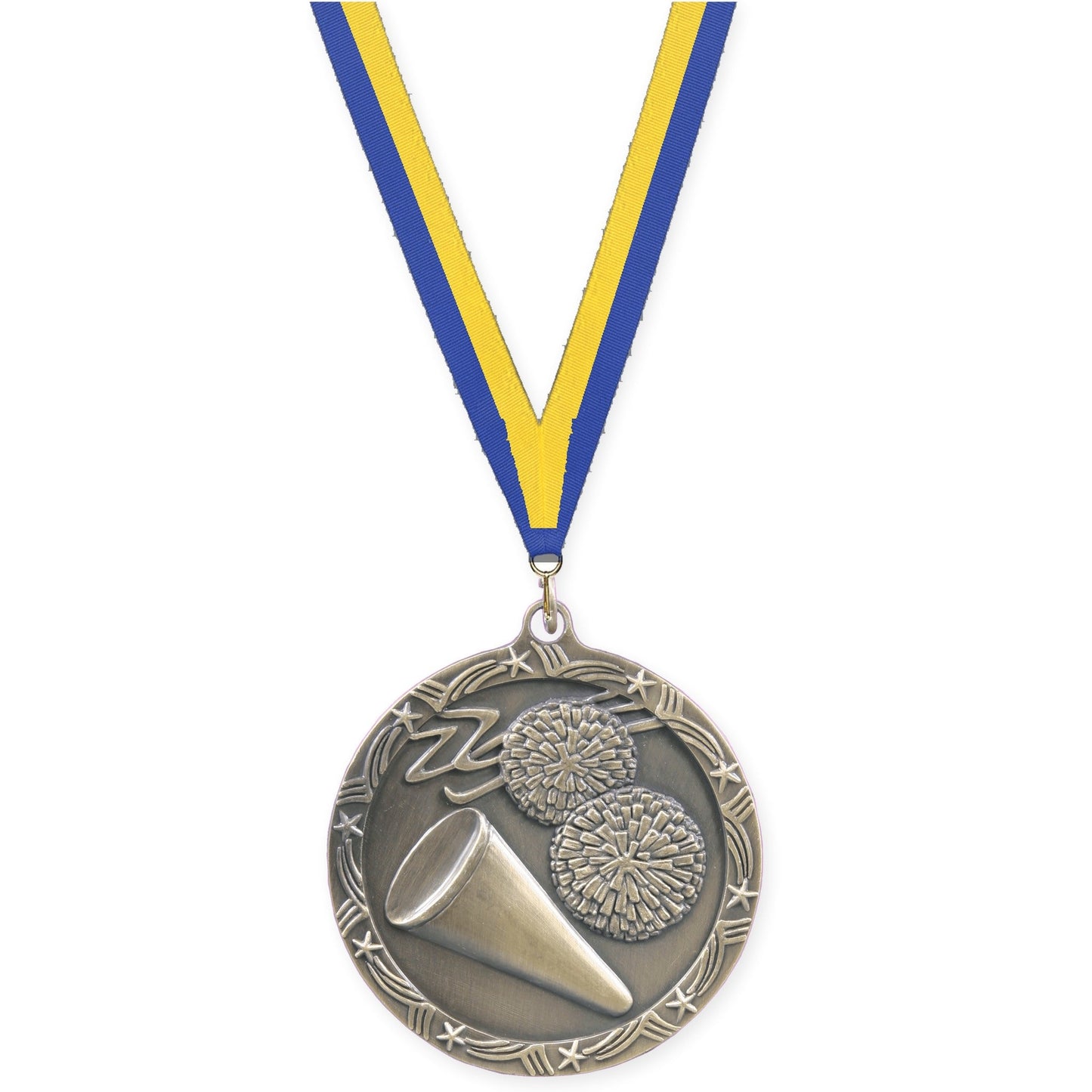 2 1/2 inch cheerleading Shooting Star medal in antique gold with Blue Yellow neck ribbon