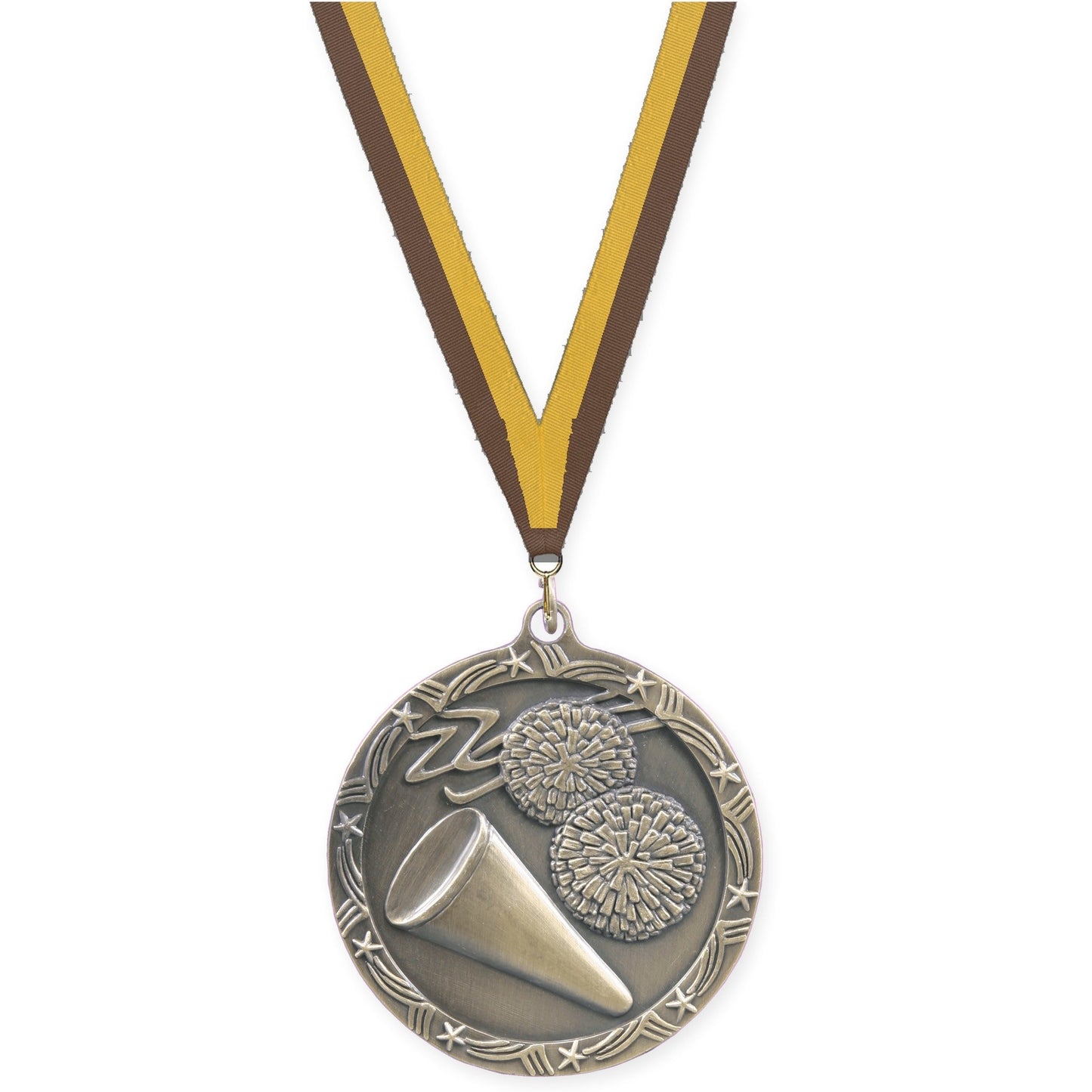 2 1/2 inch cheerleading Shooting Star medal in antique gold with Brown Gold neck ribbon