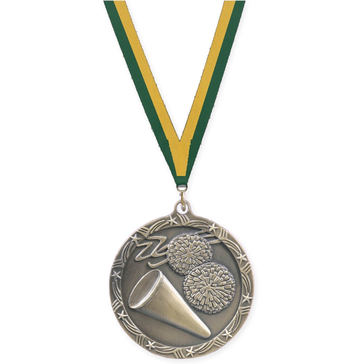 2 1/2 inch cheerleading Shooting Star medal in antique gold with Hunter Green Gold neck ribbon