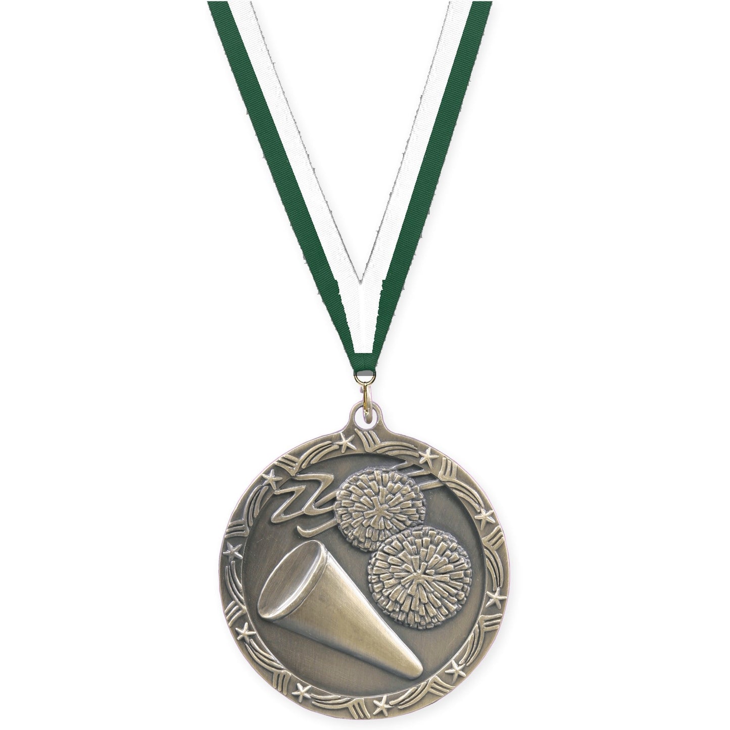 2 1/2 inch cheerleading Shooting Star medal in antique gold with Hunter Green White neck ribbon