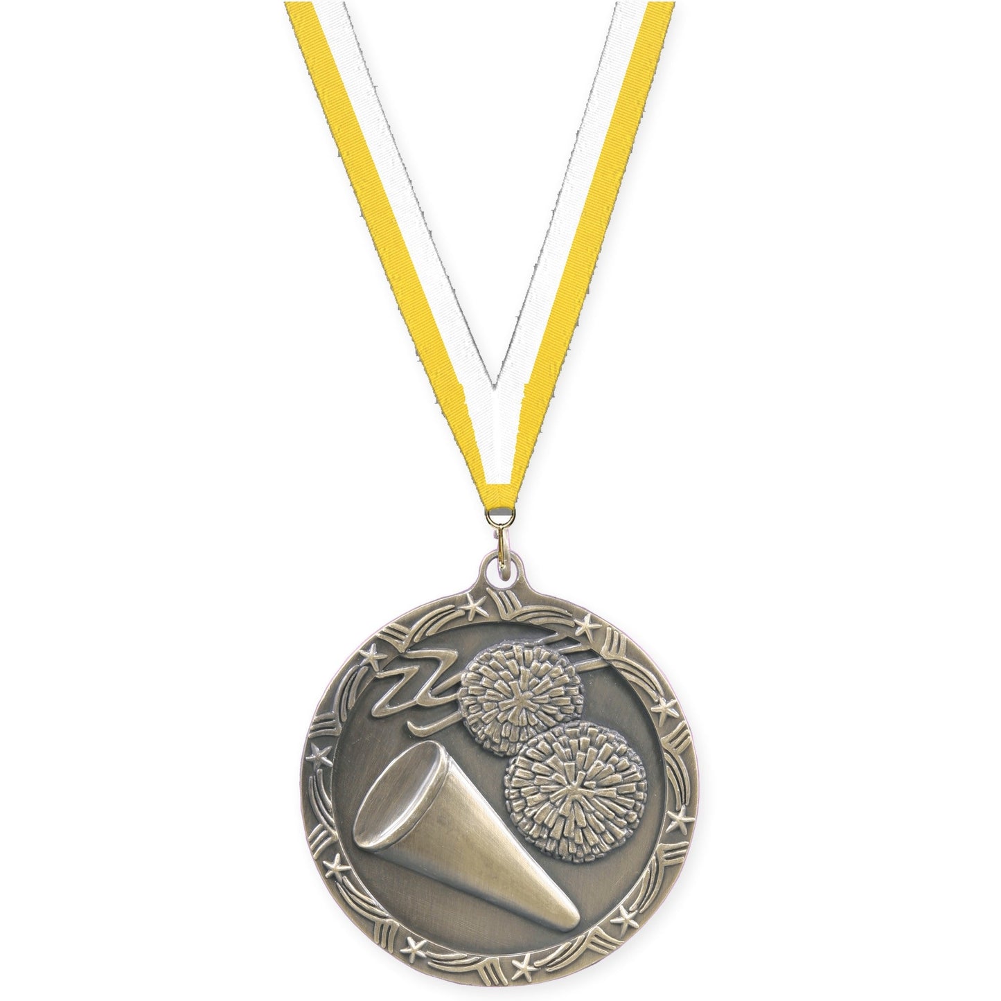 2 1/2 inch cheerleading Shooting Star medal in antique gold with Yellow White neck ribbon