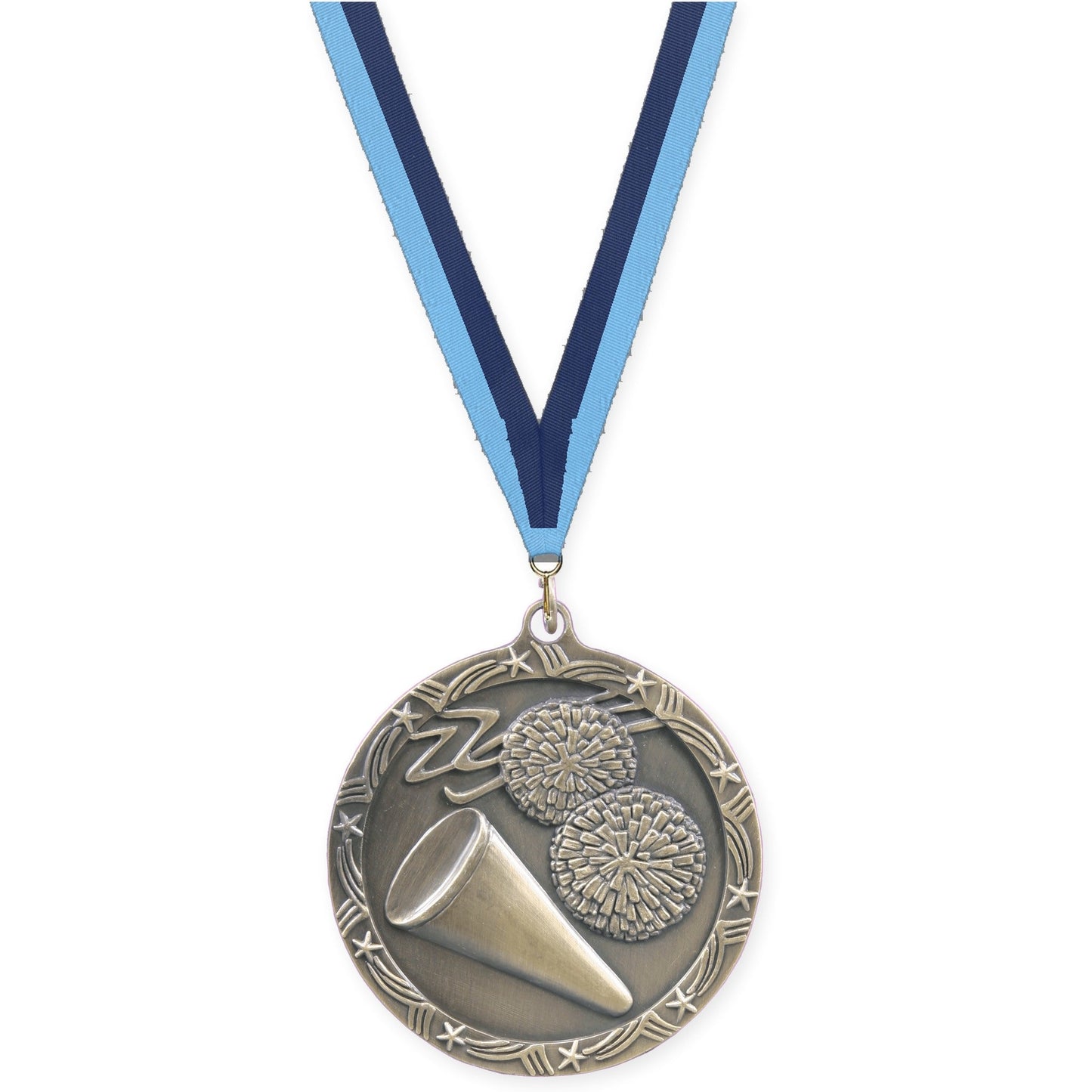 2 1/2 inch cheerleading Shooting Star medal in antique gold with Light Blue Navy neck ribbon