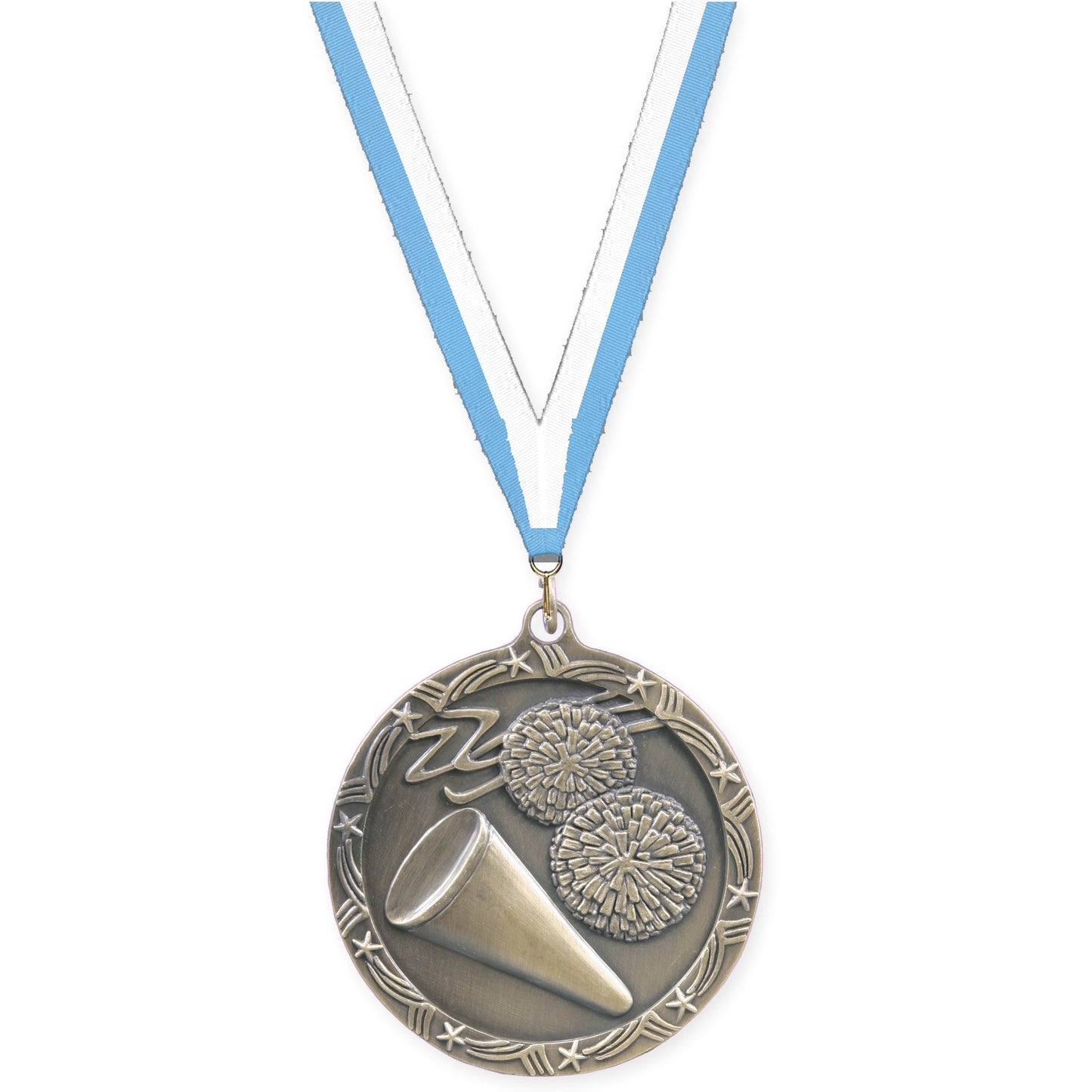 2 1/2 inch cheerleading Shooting Star medal in antique gold with Light Blue White neck ribbon