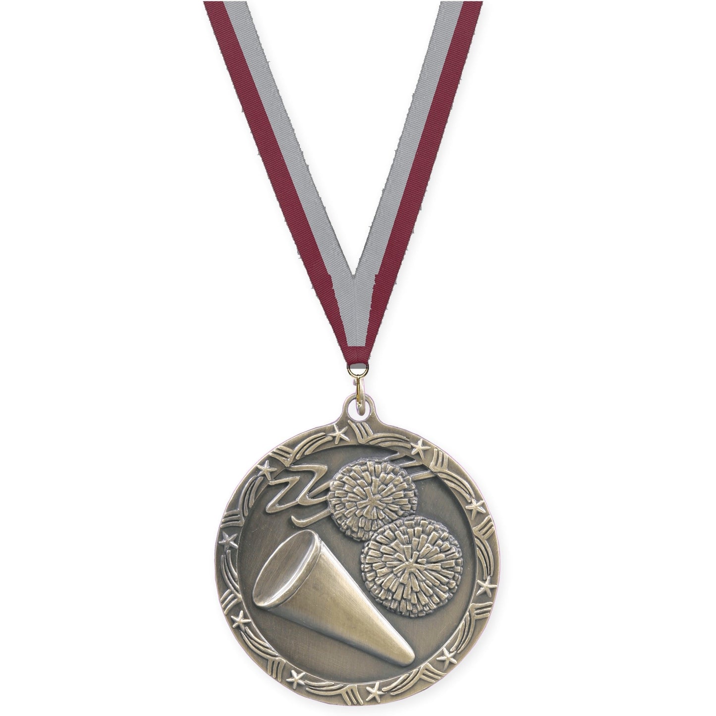 2 1/2 inch cheerleading Shooting Star medal in antique gold with Maroon Gray neck ribbon