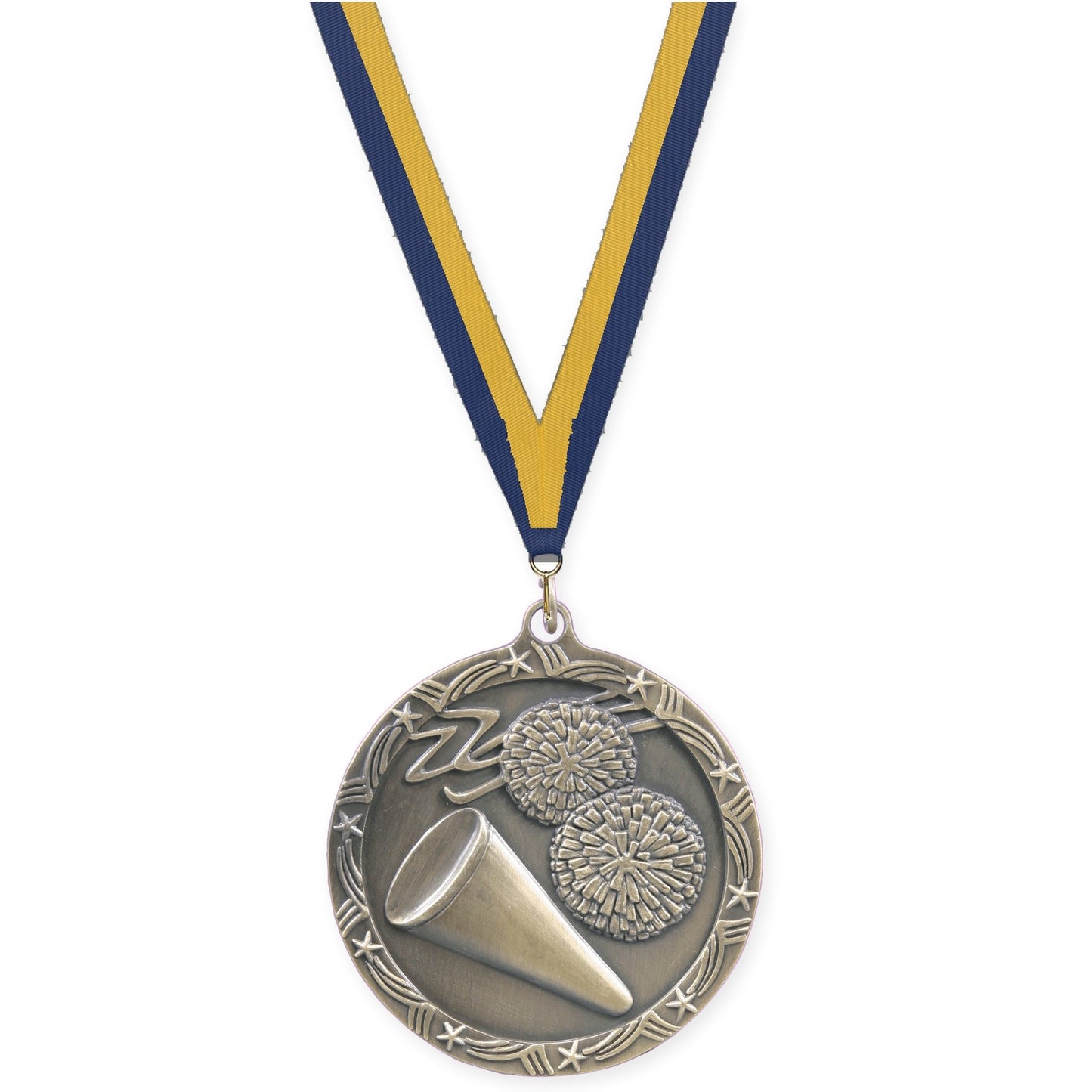 2 1/2 inch cheerleading Shooting Star medal in antique gold with Navy Gold neck ribbon