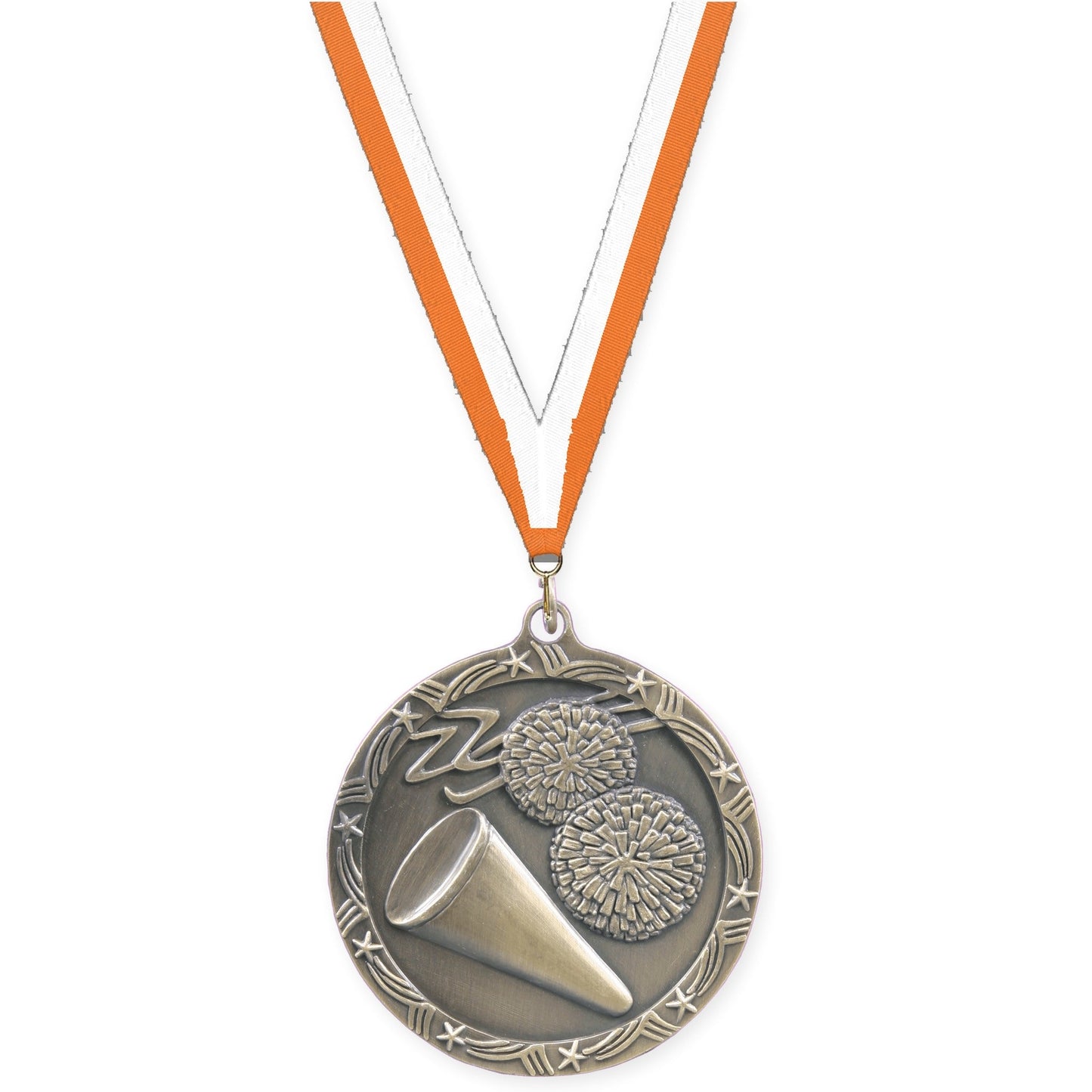 2 1/2 inch cheerleading Shooting Star medal in antique gold with Orange White neck ribbon
