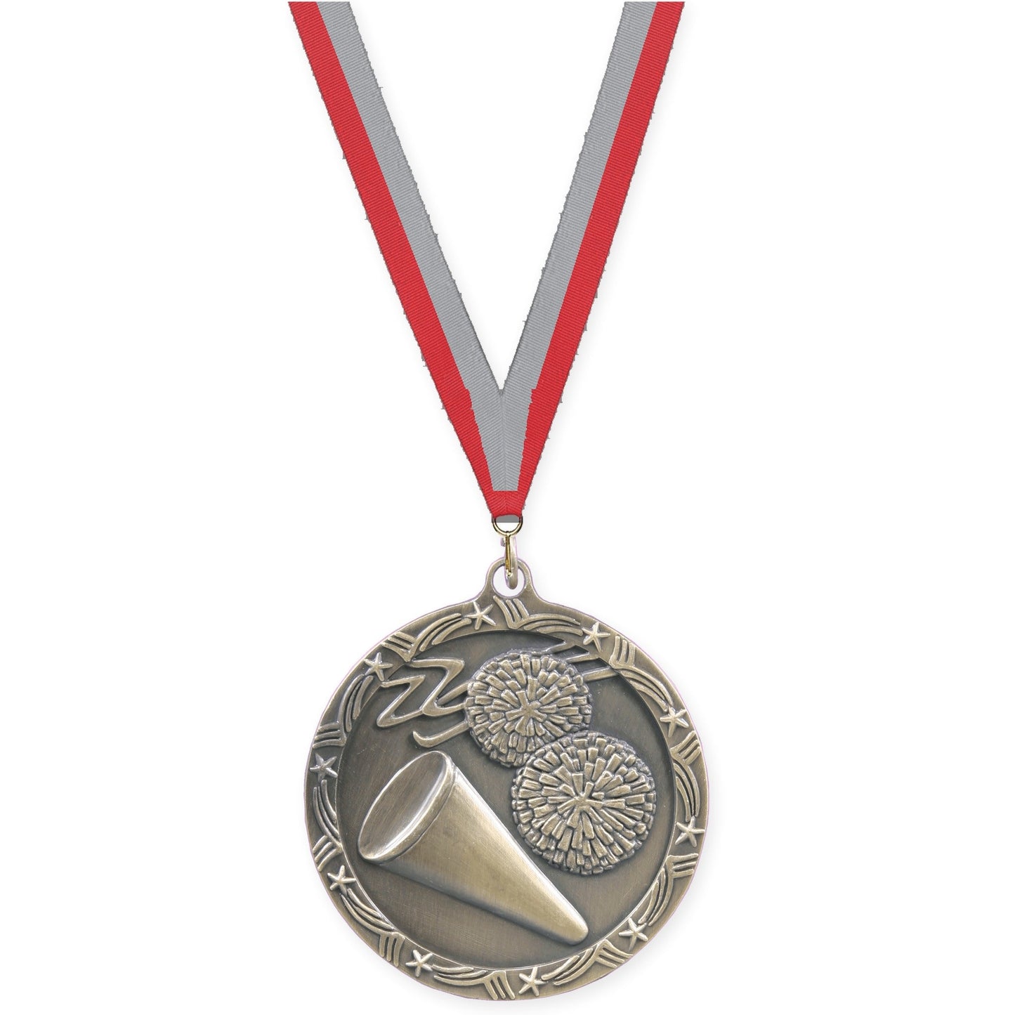 2 1/2 inch cheerleading Shooting Star medal in antique gold with Red Gray neck ribbon