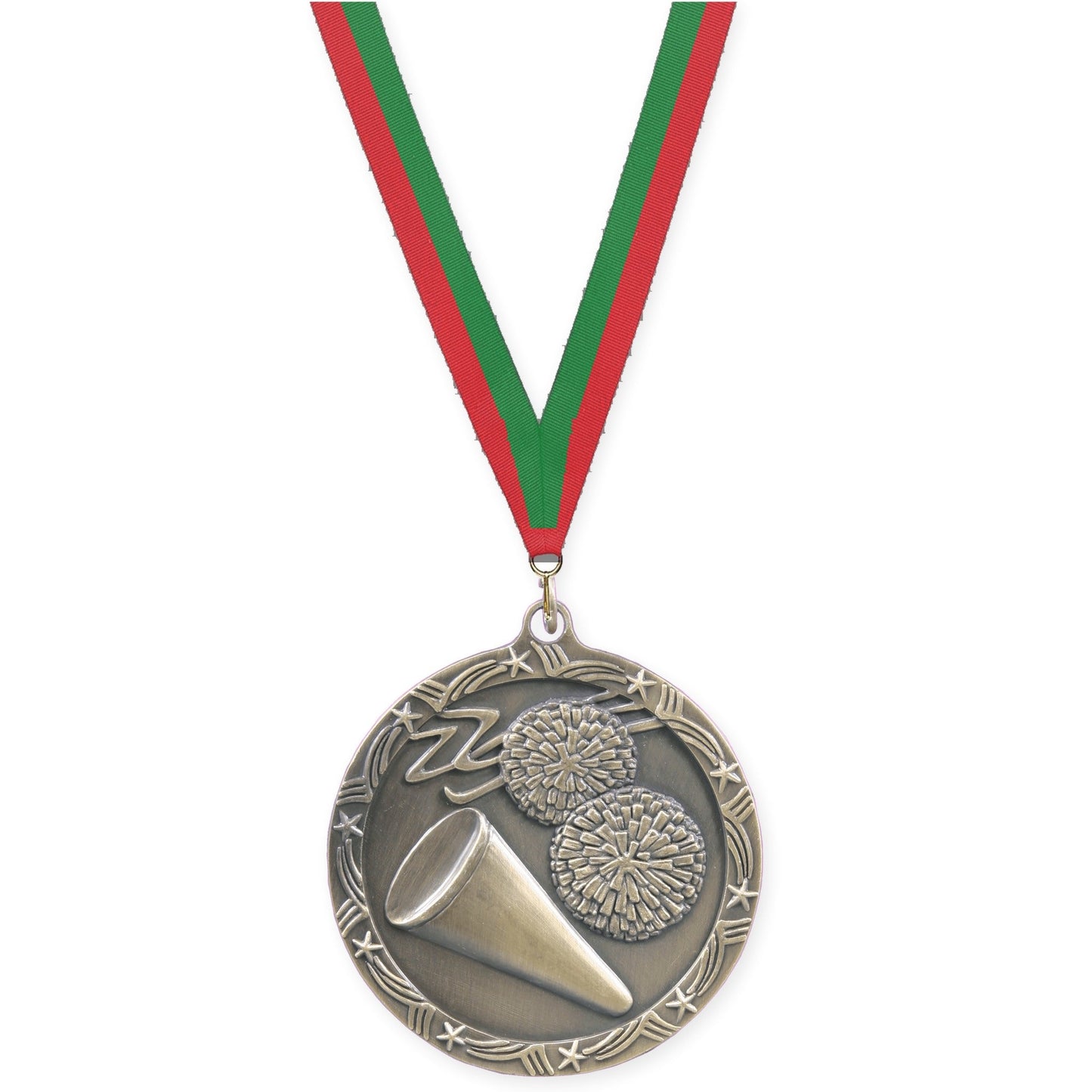 2 1/2 inch cheerleading Shooting Star medal in antique gold with Red Green neck ribbon