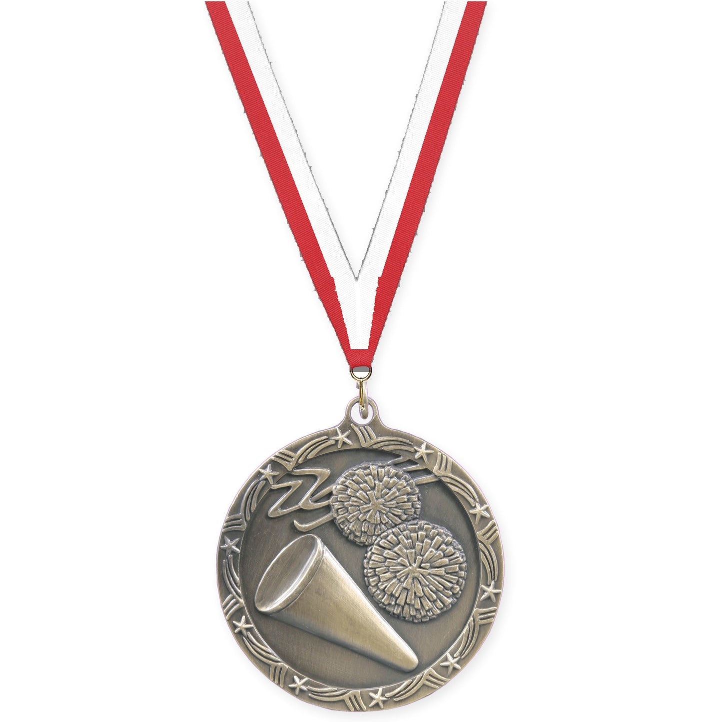 2 1/2 inch cheerleading Shooting Star medal in antique gold with Red White neck ribbon