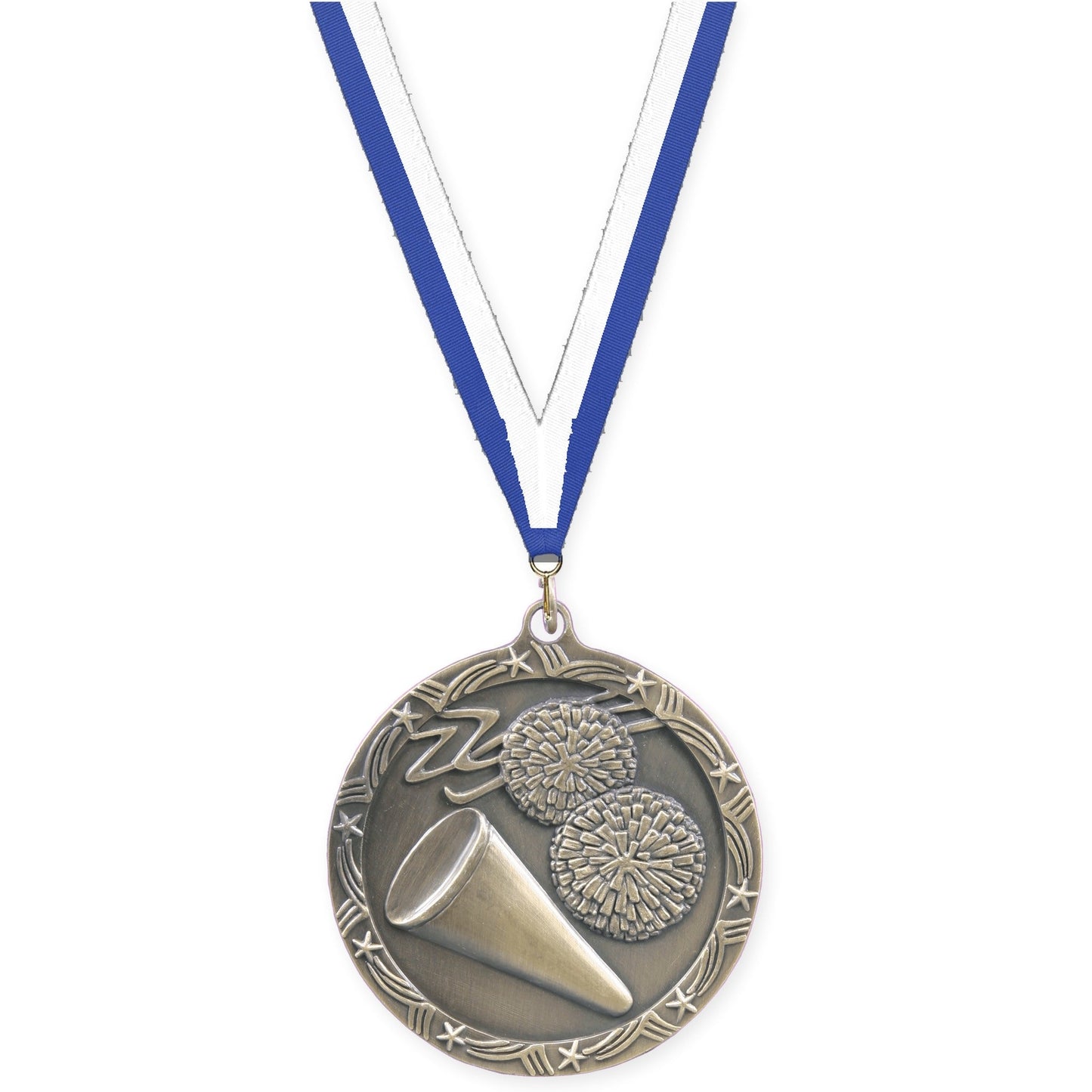 2 1/2 inch cheerleading Shooting Star medal in antique gold with Blue White neck ribbon