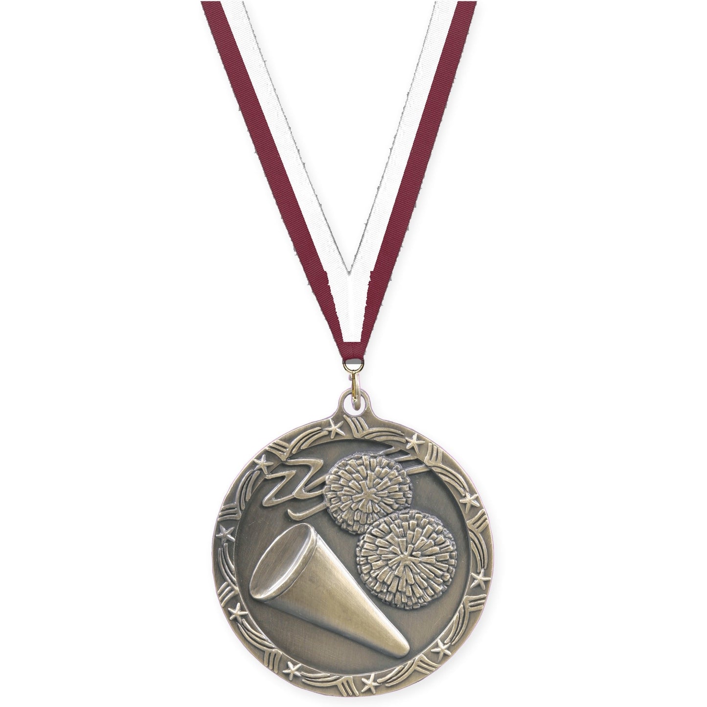 2 1/2 inch cheerleading Shooting Star medal in antique gold with Maroon White neck ribbon