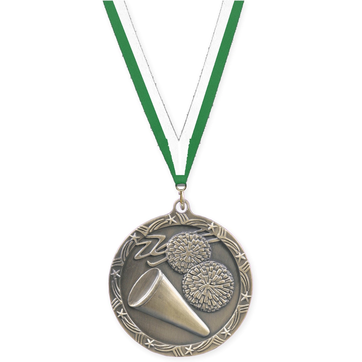 2 1/2 inch cheerleading Shooting Star medal in antique gold with Green White neck ribbon