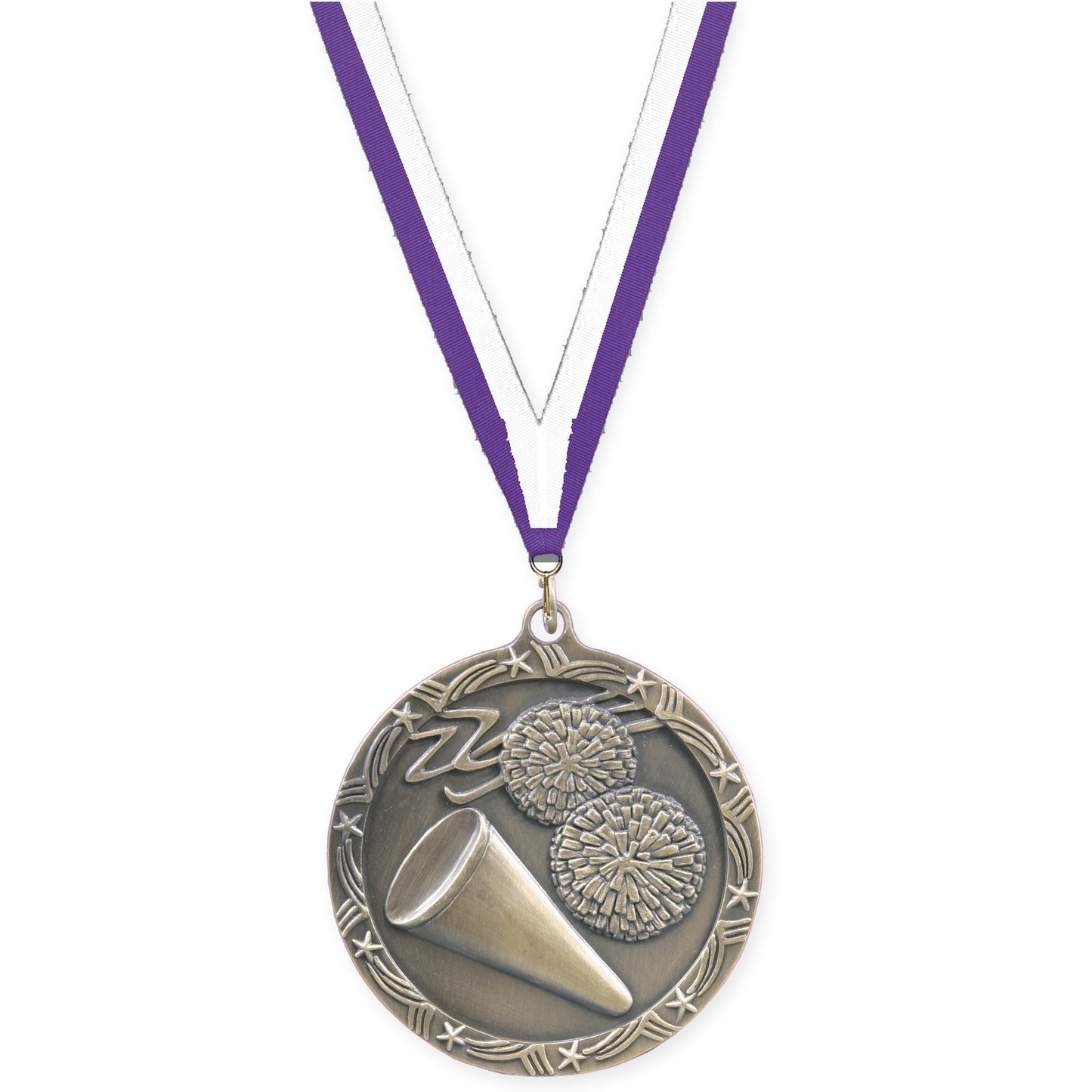 2 1/2 inch cheerleading Shooting Star medal in antique gold with Purple White neck ribbon