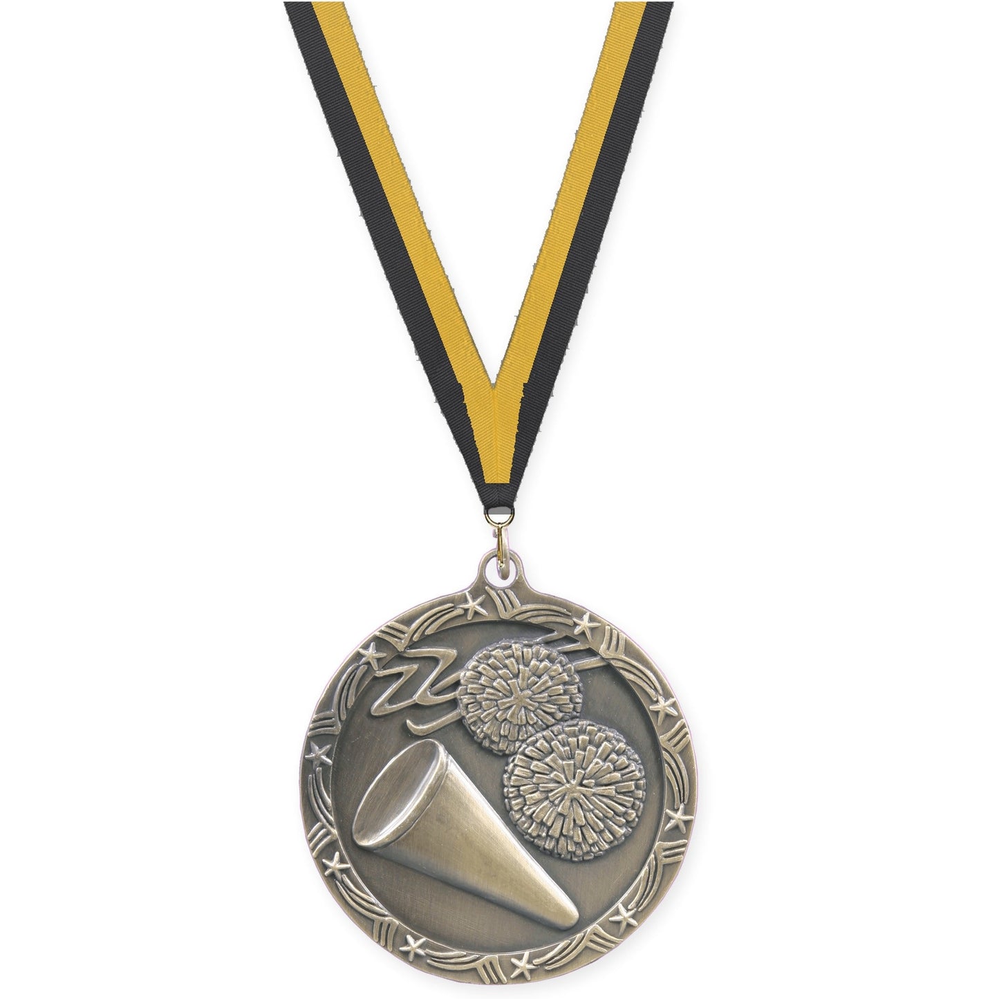 2 1/2 inch cheerleading Shooting Star medal in antique gold with Black Gold neck ribbon