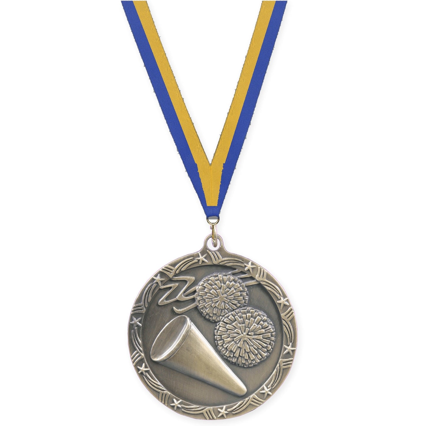 2 1/2 inch cheerleading Shooting Star medal in antique gold with Blue Gold neck ribbon