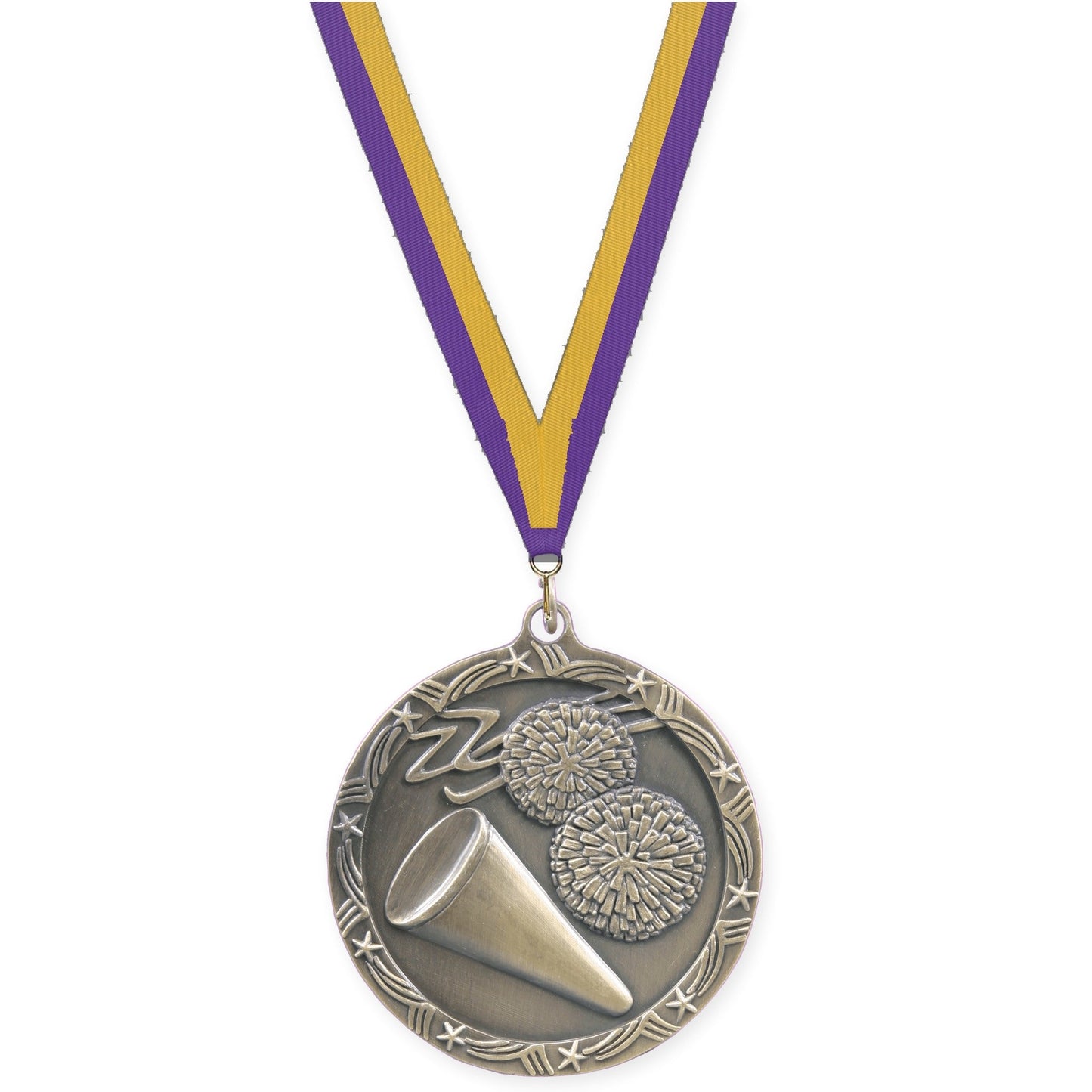 2 1/2 inch cheerleading Shooting Star medal in antique gold with Purple Gold neck ribbon