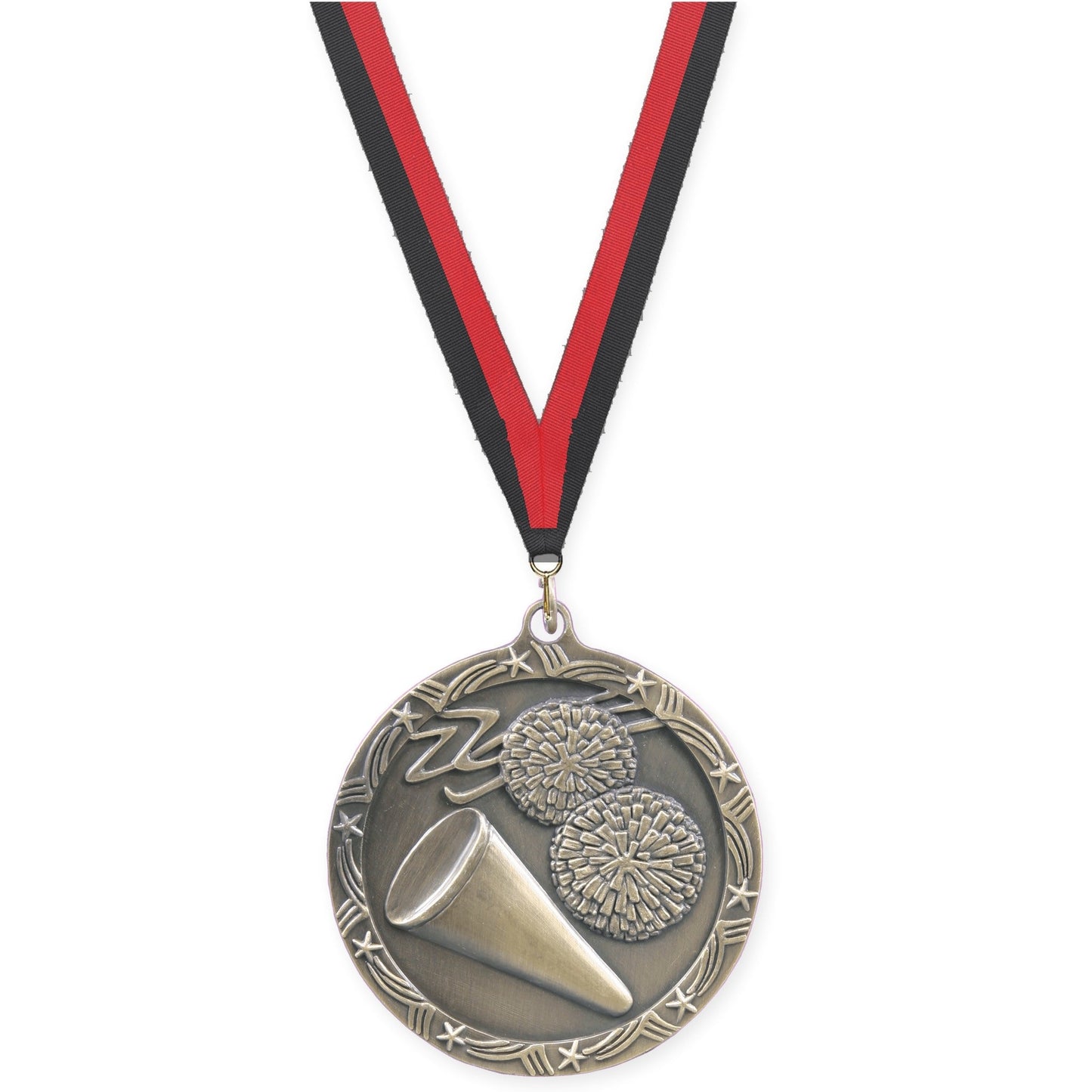 2 1/2 inch cheerleading Shooting Star medal in antique gold with Black Red neck ribbon