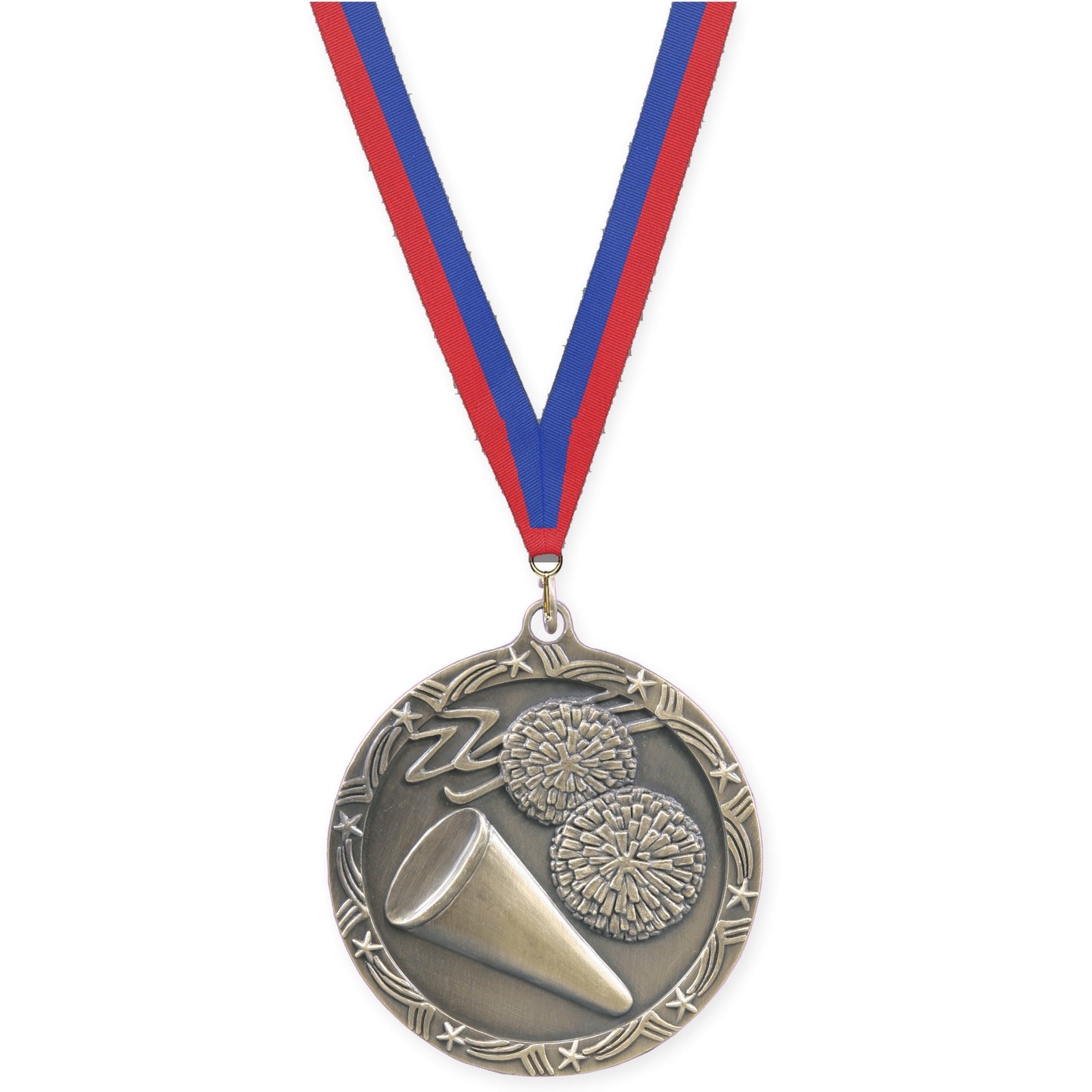 2 1/2 inch cheerleading Shooting Star medal in antique gold with Blue Red neck ribbon