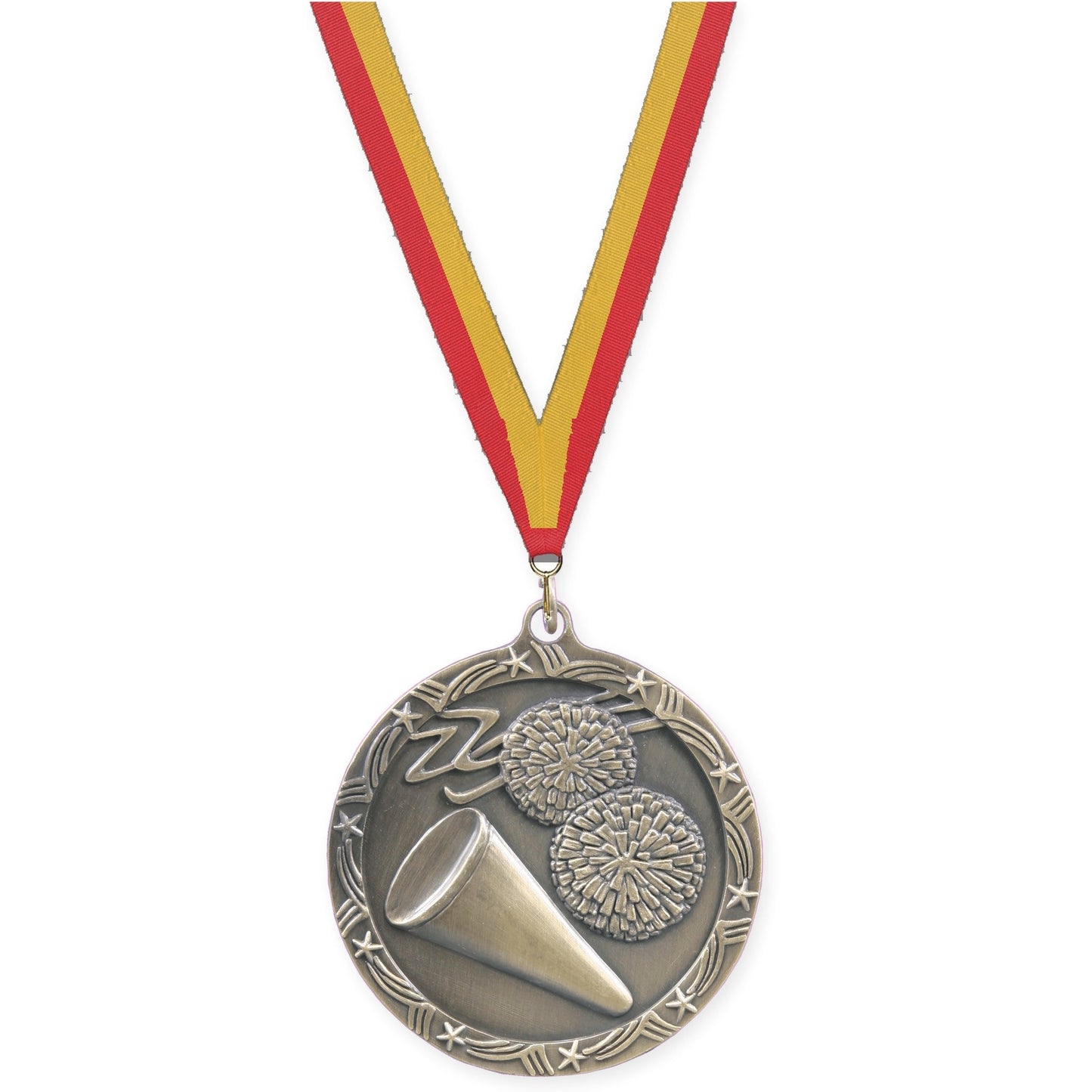 2 1/2 inch cheerleading Shooting Star medal in antique gold with Red Gold neck ribbon