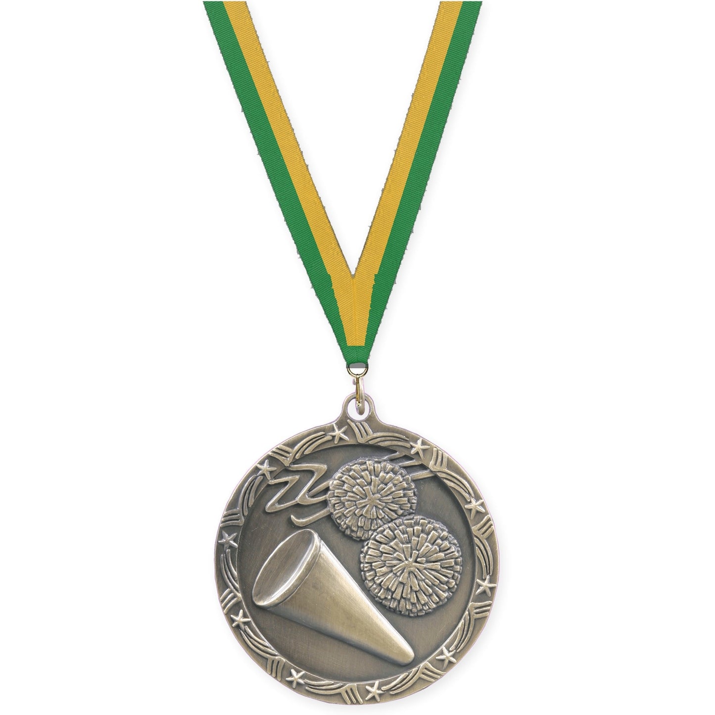 2 1/2 inch cheerleading Shooting Star medal in antique gold with Green Gold neck ribbon