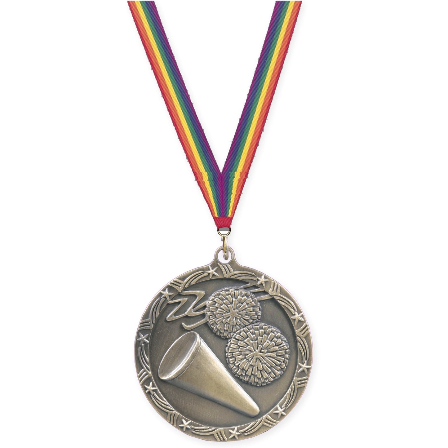 2 1/2 inch cheerleading Shooting Star medal in antique gold with Rainbow neck ribbon