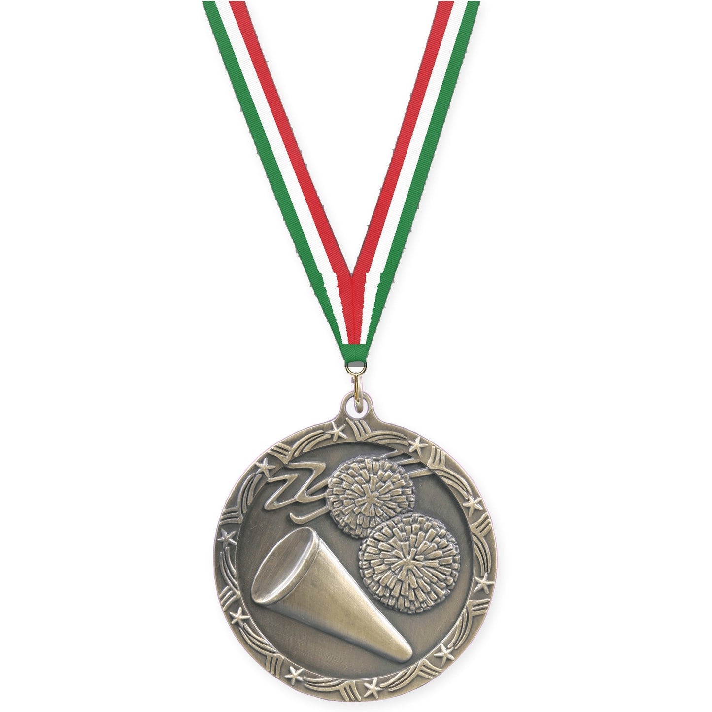 2 1/2 inch cheerleading Shooting Star medal in antique gold with Green White Red neck ribbon