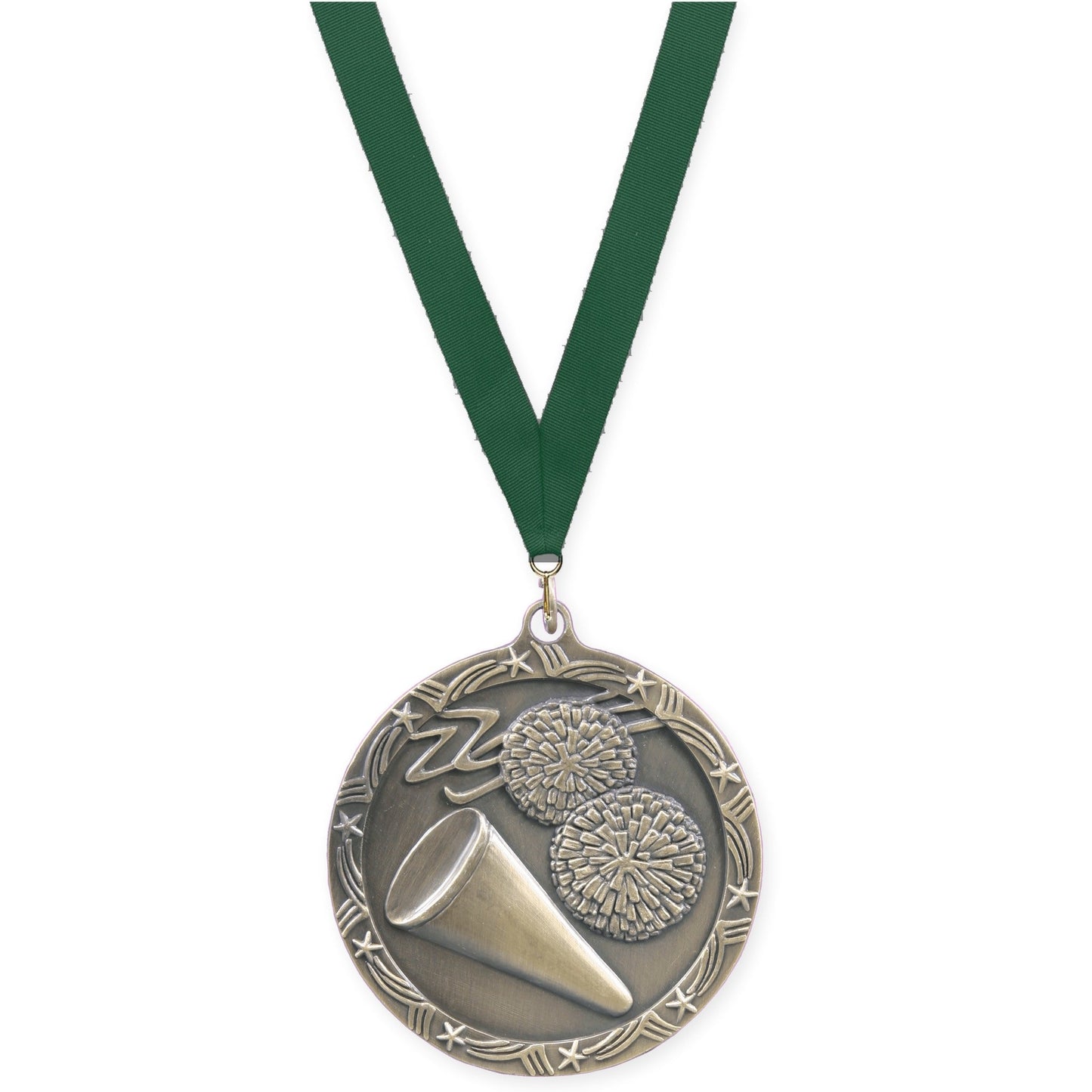 2 1/2 inch cheerleading Shooting Star medal in antique gold with Hunter Green neck ribbon