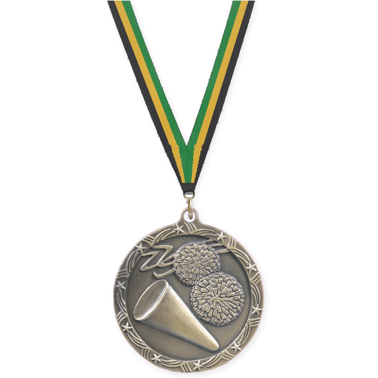 2 1/2 inch cheerleading Shooting Star medal in antique gold with Black Gold Green neck ribbon