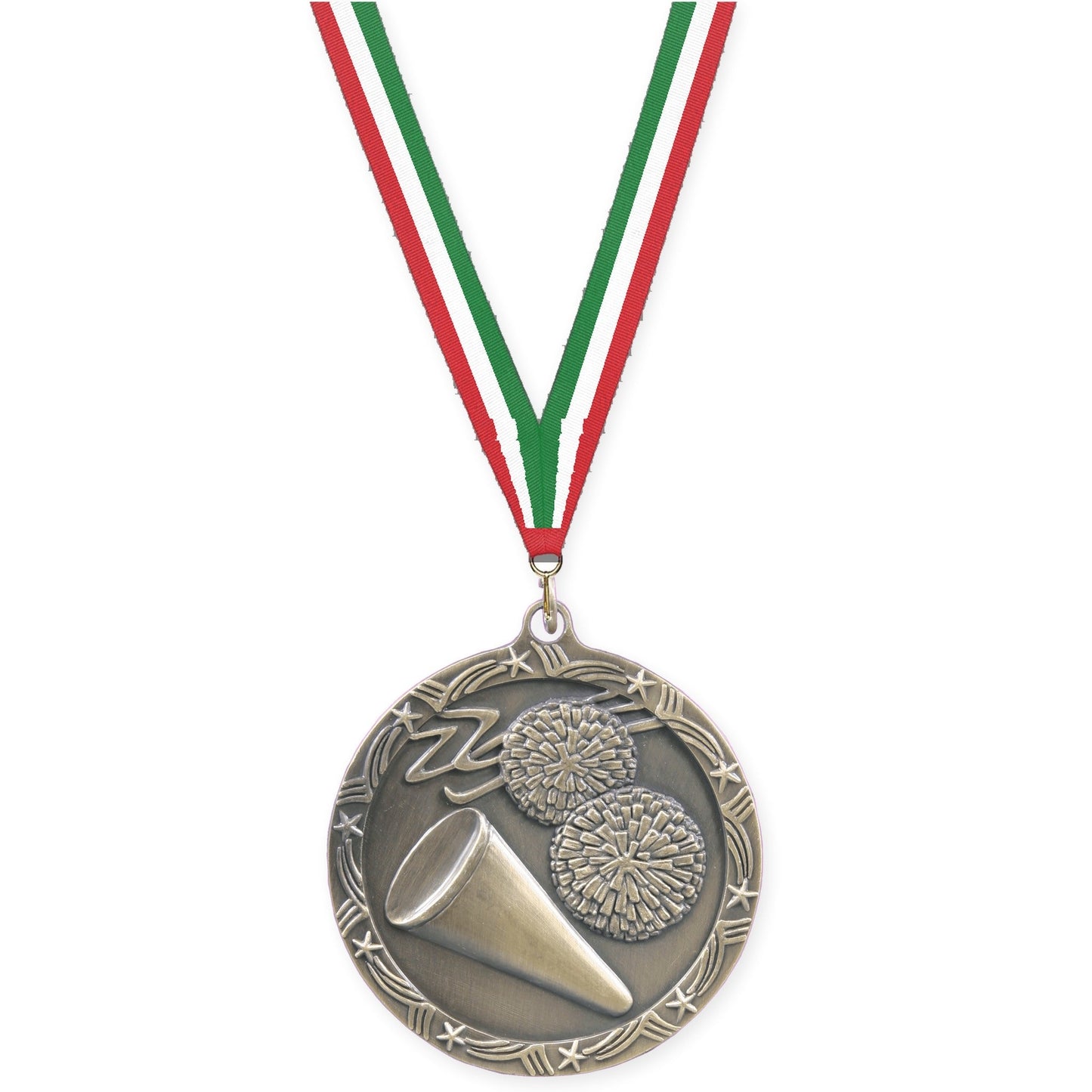 2 1/2 inch cheerleading Shooting Star medal in antique gold with Red White Green neck ribbon