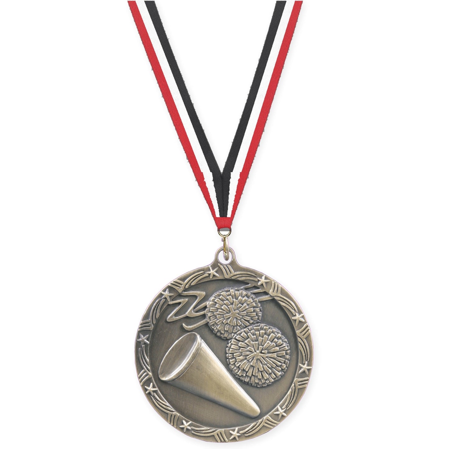 2 1/2 inch cheerleading Shooting Star medal in antique gold with Red White Black neck ribbon