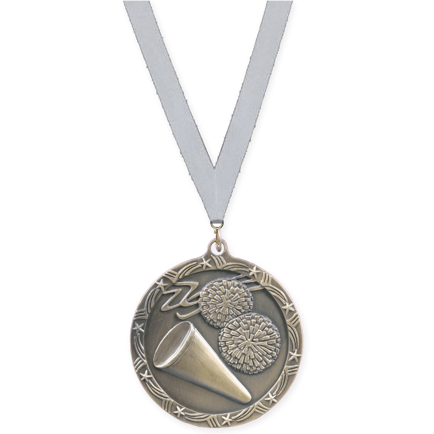 2 1/2 inch cheerleading Shooting Star medal in antique gold with Silver Metallic neck ribbon