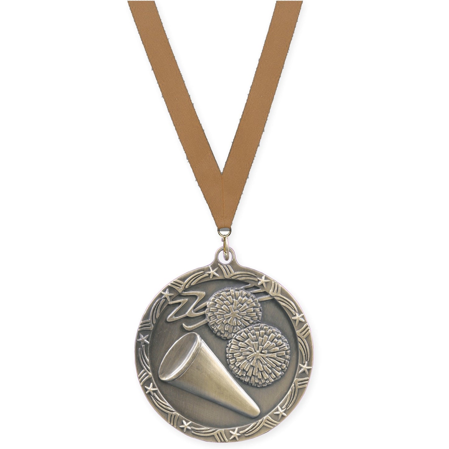 2 1/2 inch cheerleading Shooting Star medal in antique gold with Bronze Metallic neck ribbon