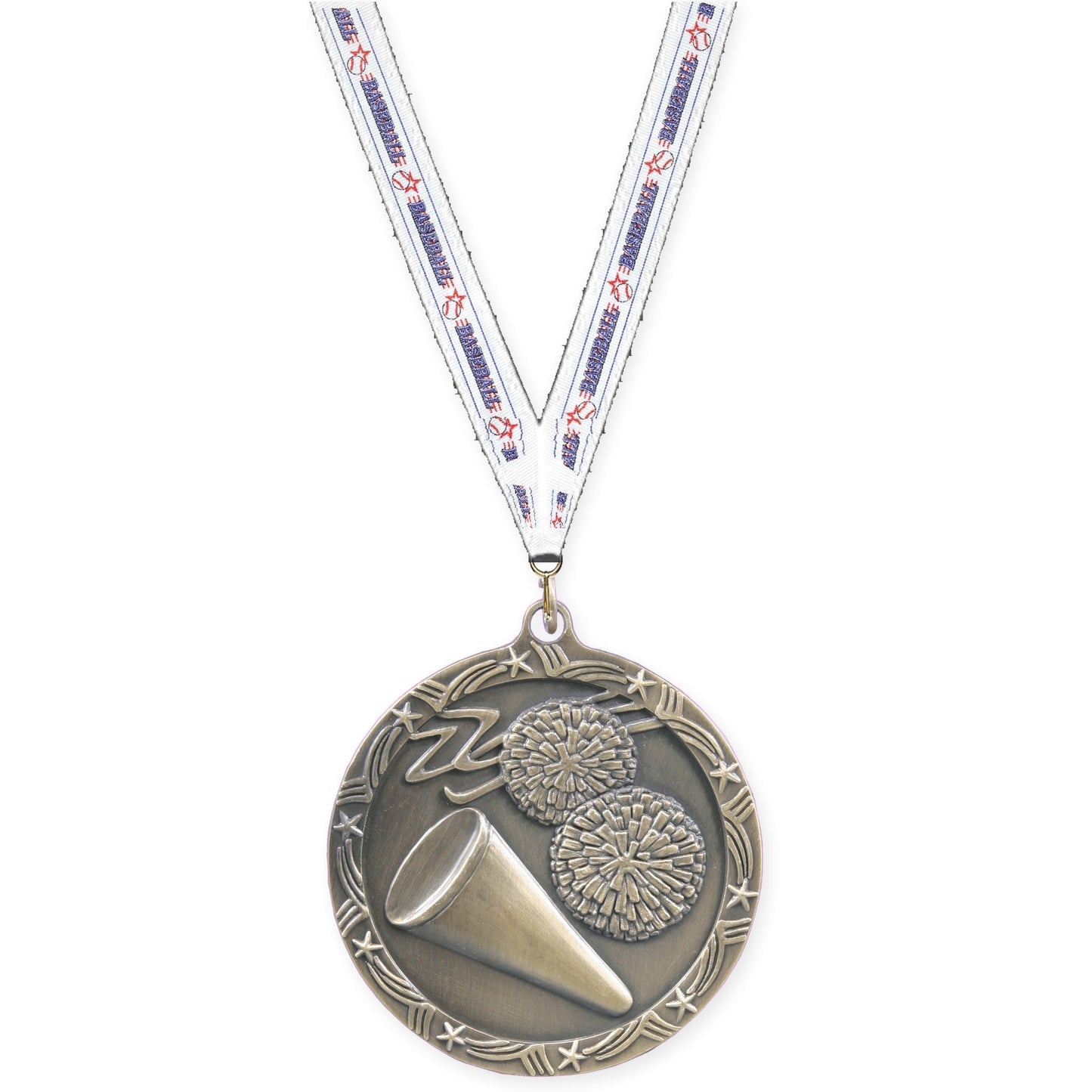 2 1/2 inch cheerleading Shooting Star medal in antique gold with Baseball neck ribbon