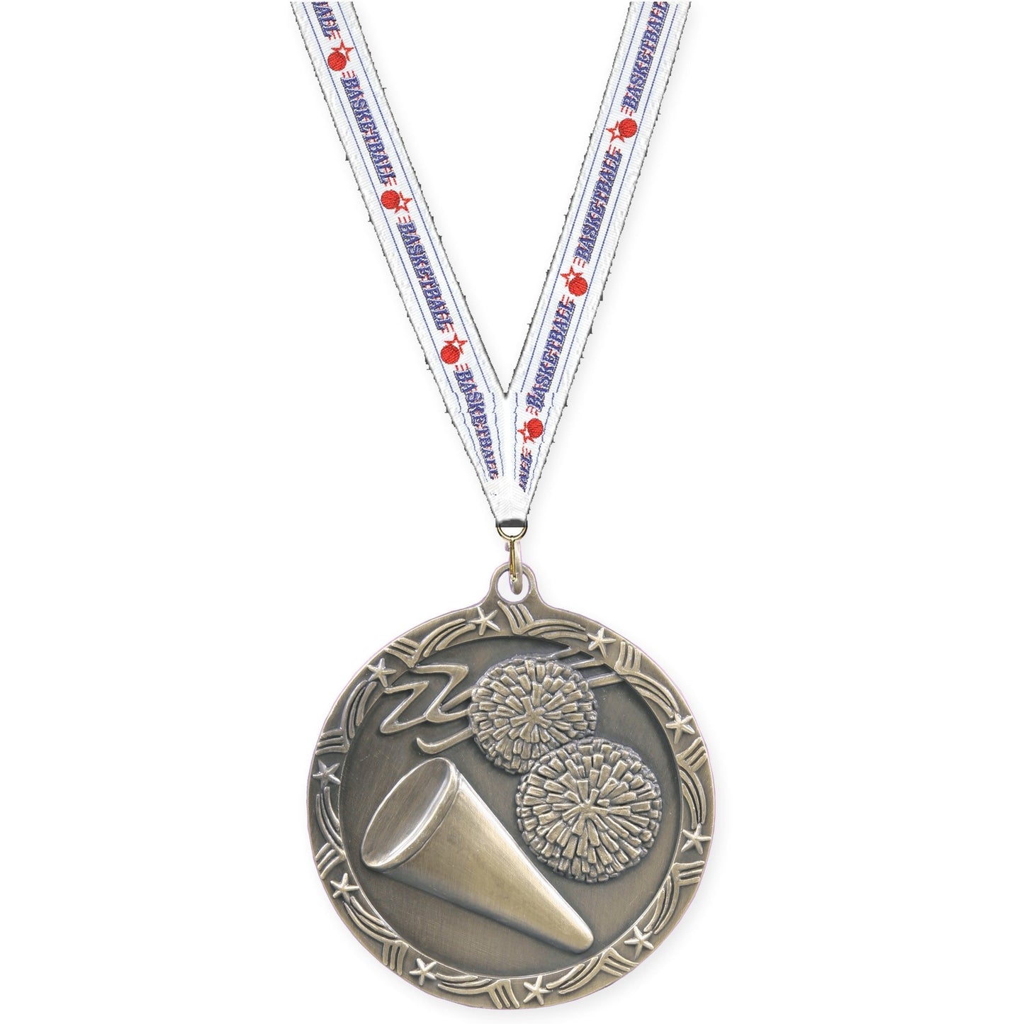 2 1/2 inch cheerleading Shooting Star medal in antique gold with Basketball neck ribbon